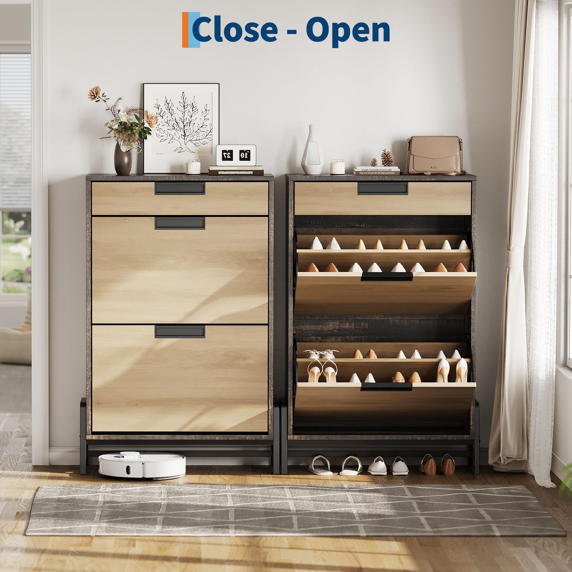 Garvee Scarpiera con 2 cassetti pieghevoli, 1 cassetto, legno, gambe in metallo, stretta per corridoio e soggiorno