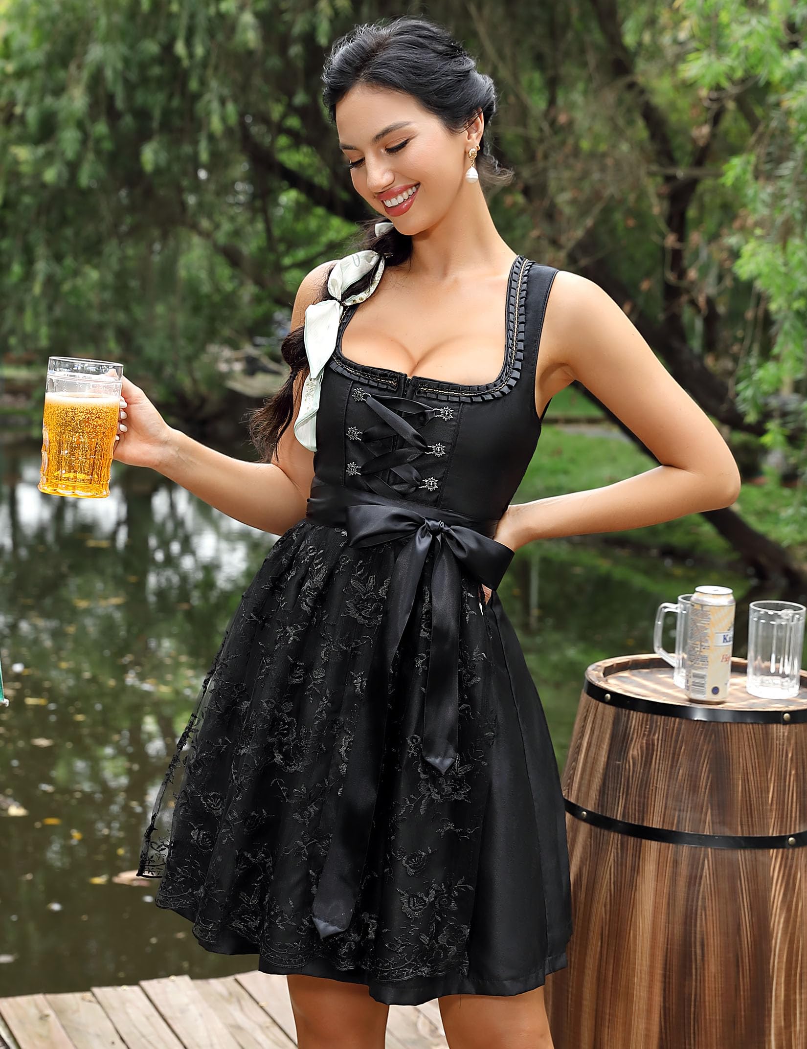 Garvee Dirndl da donna, abito tradizionale midi corto in 2 pezzi con grembiule Dirndl, nero, taglia 38-52
