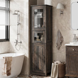 Mobiletto da bagno alto e sottile Garvee con ante, ripiani regolabili, MDF, design retrò in vetro, rovere scuro per piccoli spazi e soggiorni - verde