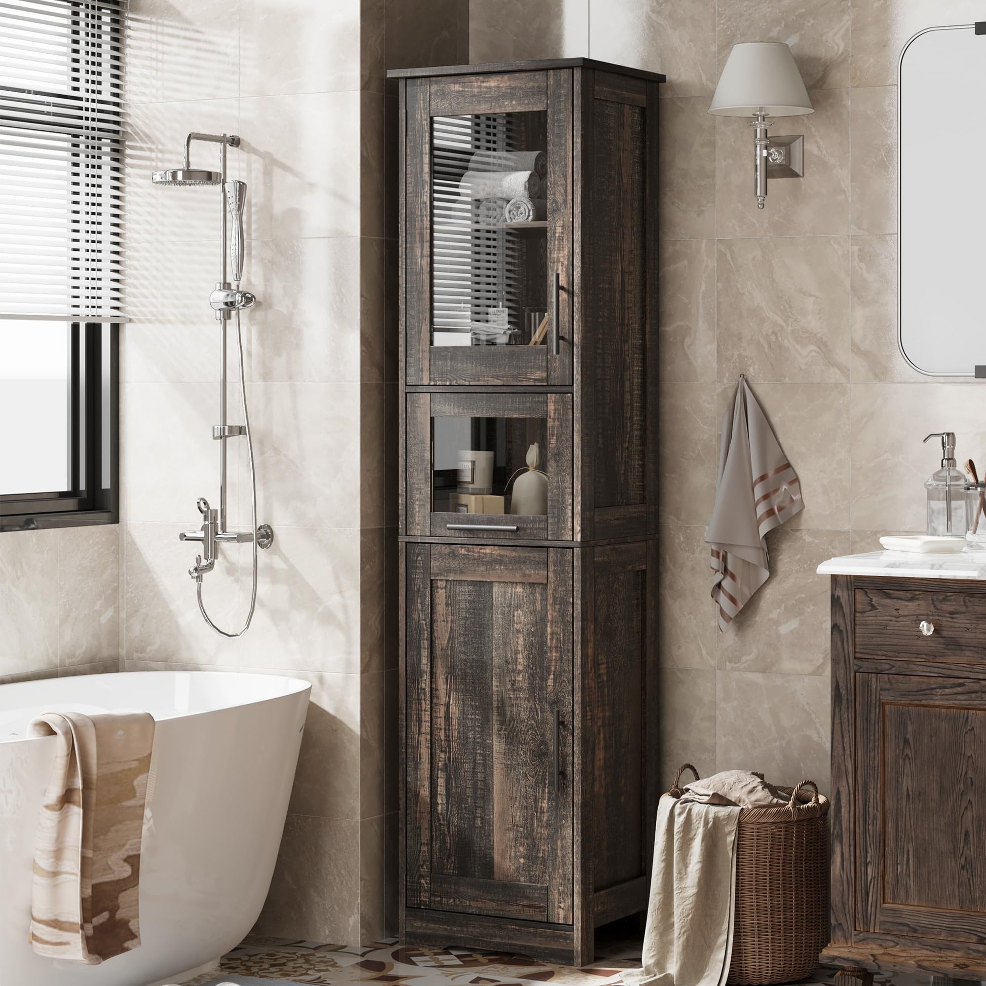 Mobiletto da bagno alto e sottile Garvee con ante, ripiani regolabili, MDF, design retrò in vetro, rovere scuro per piccoli spazi e soggiorni