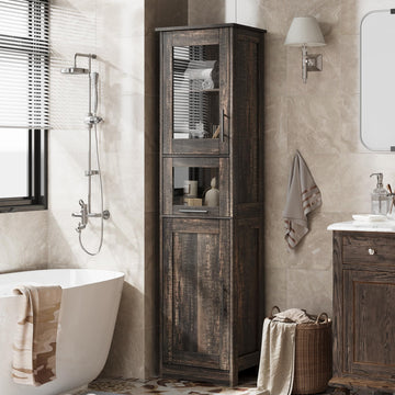 Mobiletto da bagno alto e sottile Garvee con ante, ripiani regolabili, MDF, design retrò in vetro, rovere scuro per piccoli spazi e soggiorni