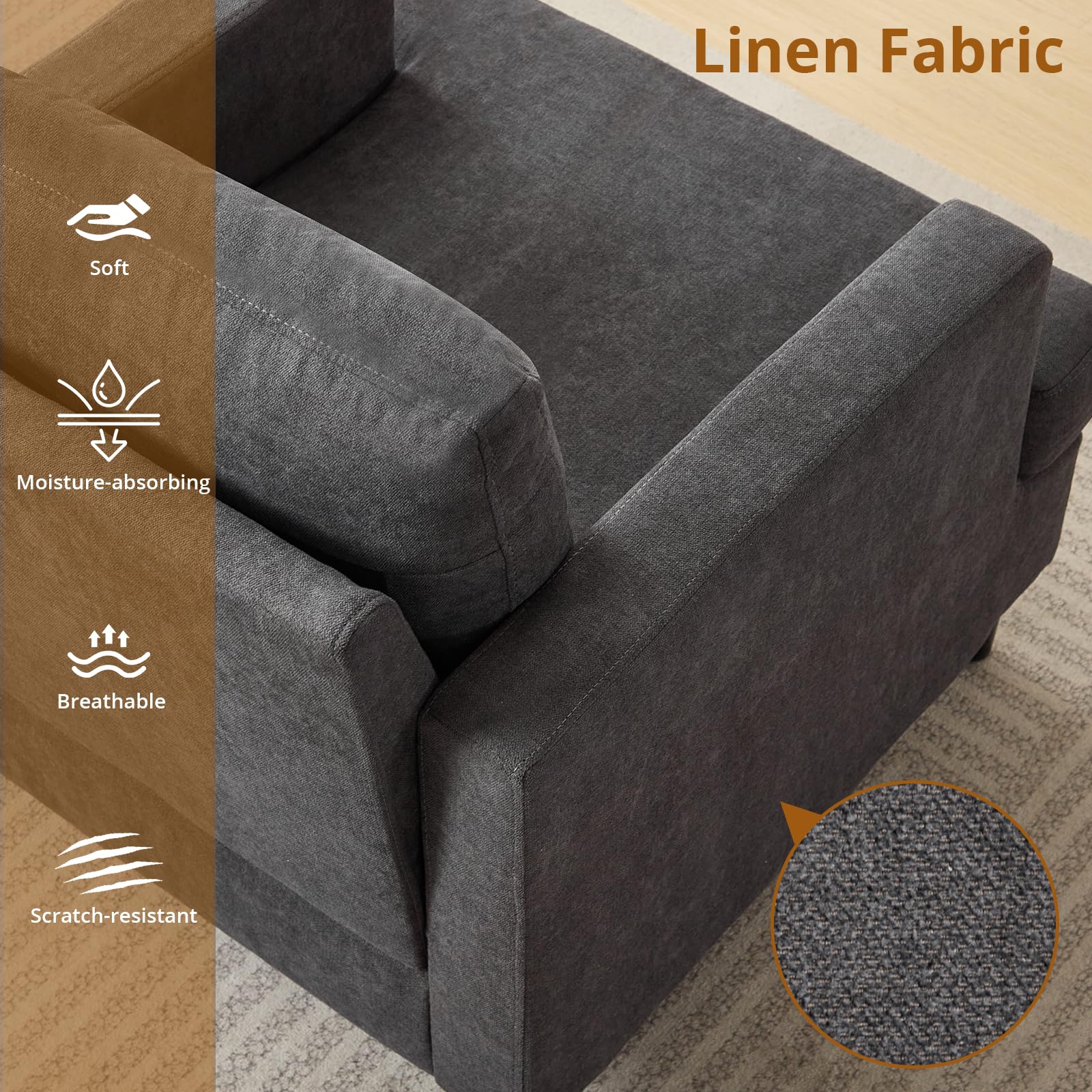 Poltrona moderna Garvee in tessuto di lino con robuste gambe in legno per soggiorno e ufficio, imbottita in modo confortevole, traspirante