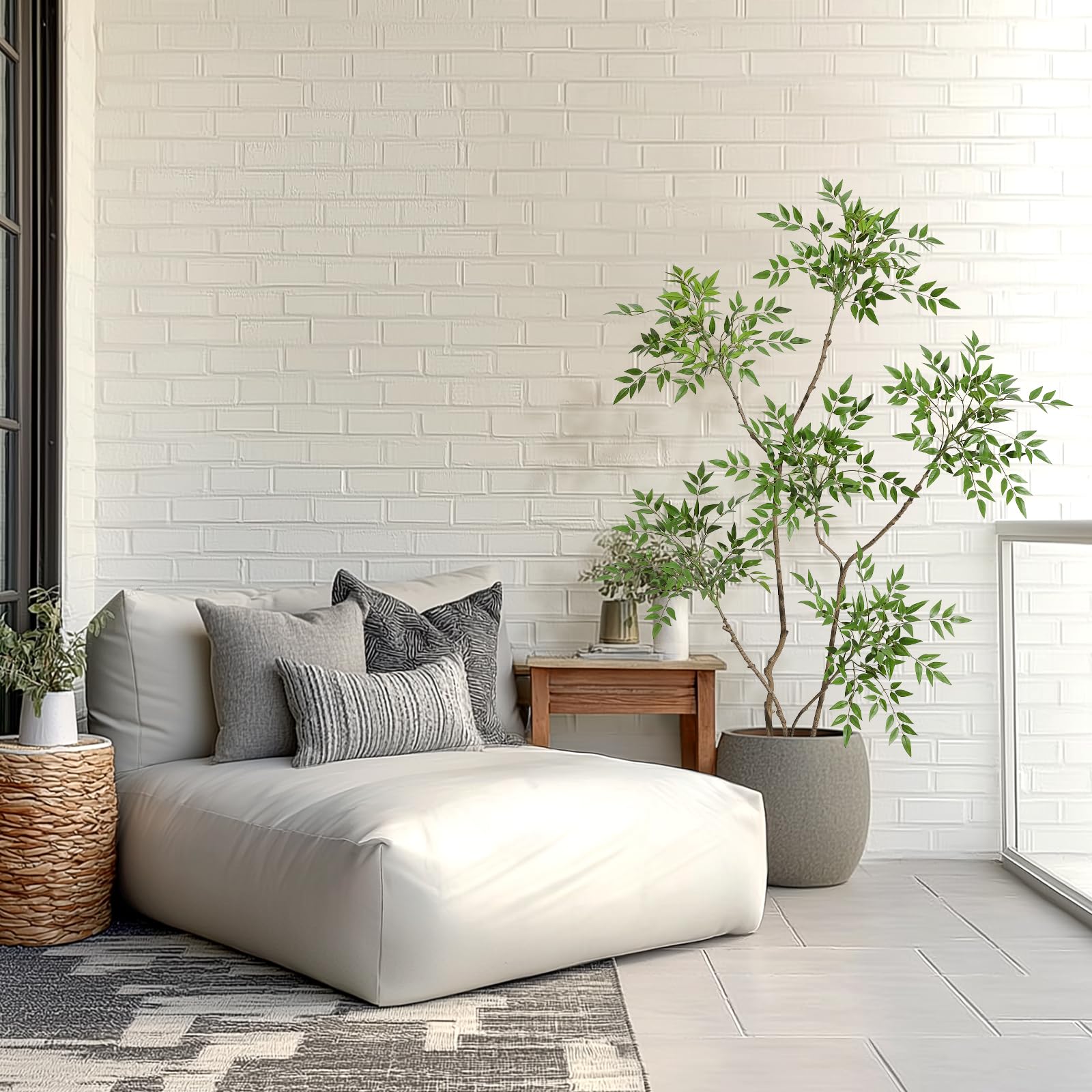 Fiore artificiale Nandina Garvee da 1,5 m con vaso in ceramica grigia per arredamento interno, soggiorno, ufficio, facile da curare, foglie realistiche
