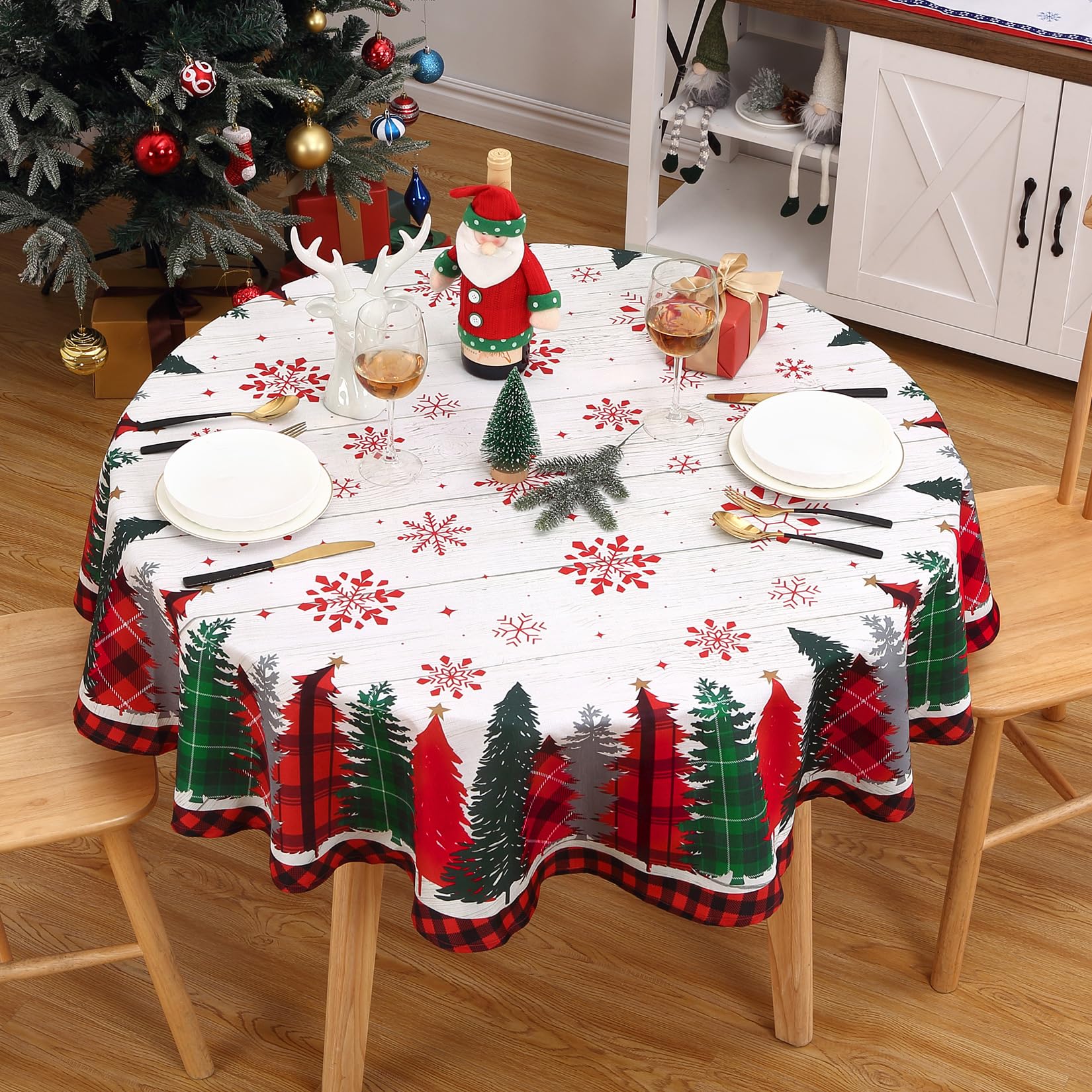 Tovaglia natalizia rotonda Garvee con motivo a pino, venature del legno, 152,4 cm, resistente, facile da pulire, festiva