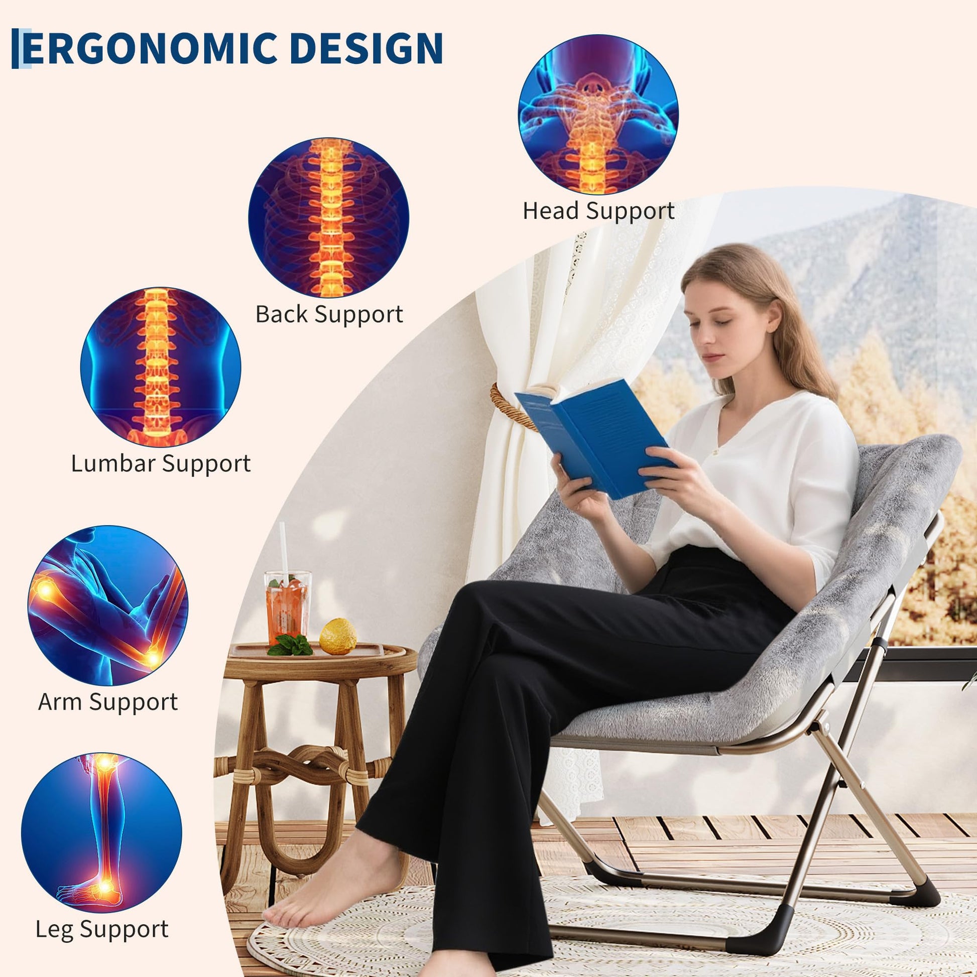 Sedia pieghevole Garvee per adulti con morbida pelliccia sintetica e struttura in acciaio, ergonomica, pieghevole, per soggiorno e camera da letto, comoda, nera