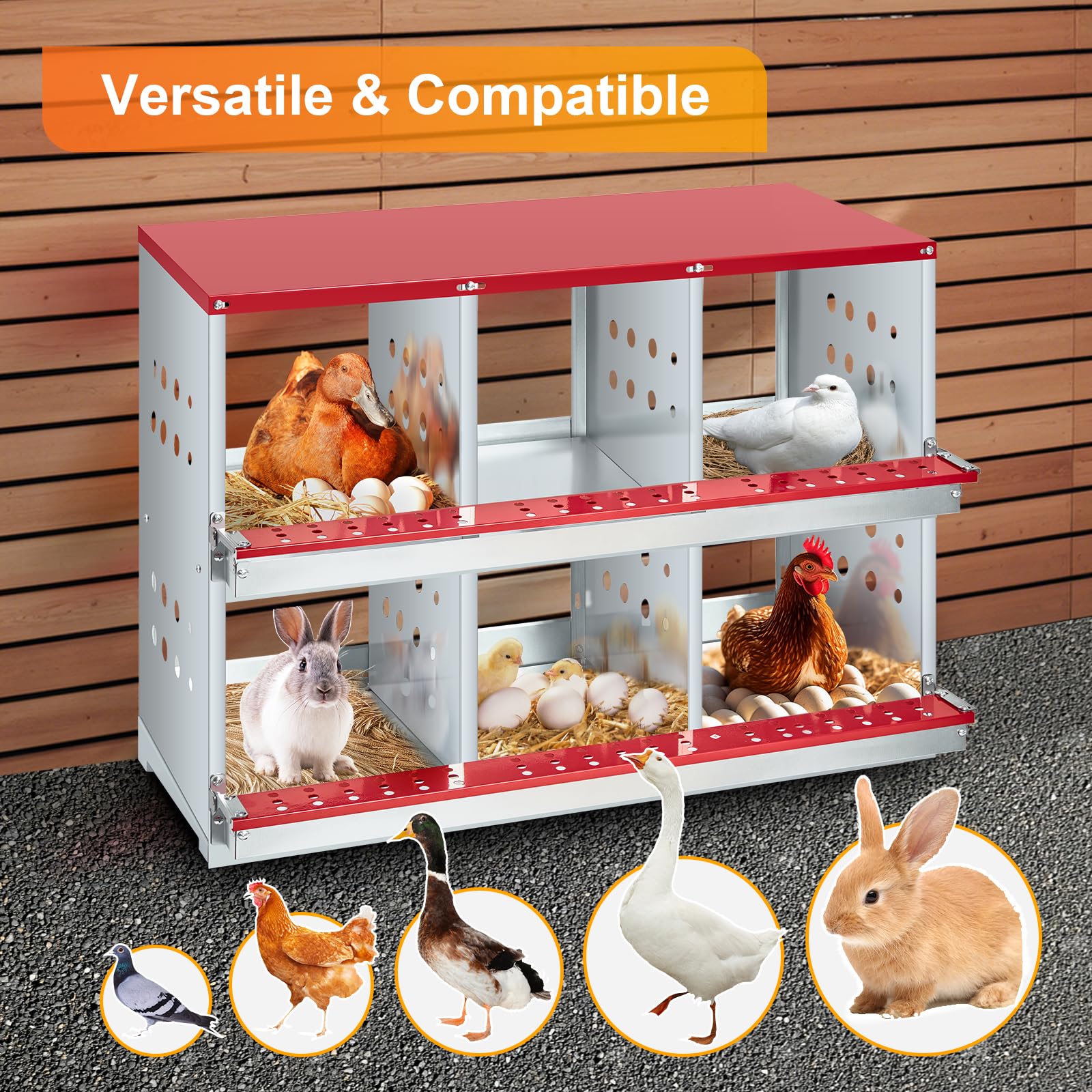 Nido per polli Garvee, 6 scomparti, acciaio zincato, ventilato, robusto, per polli e conigli nel pollaio, grande, metallo