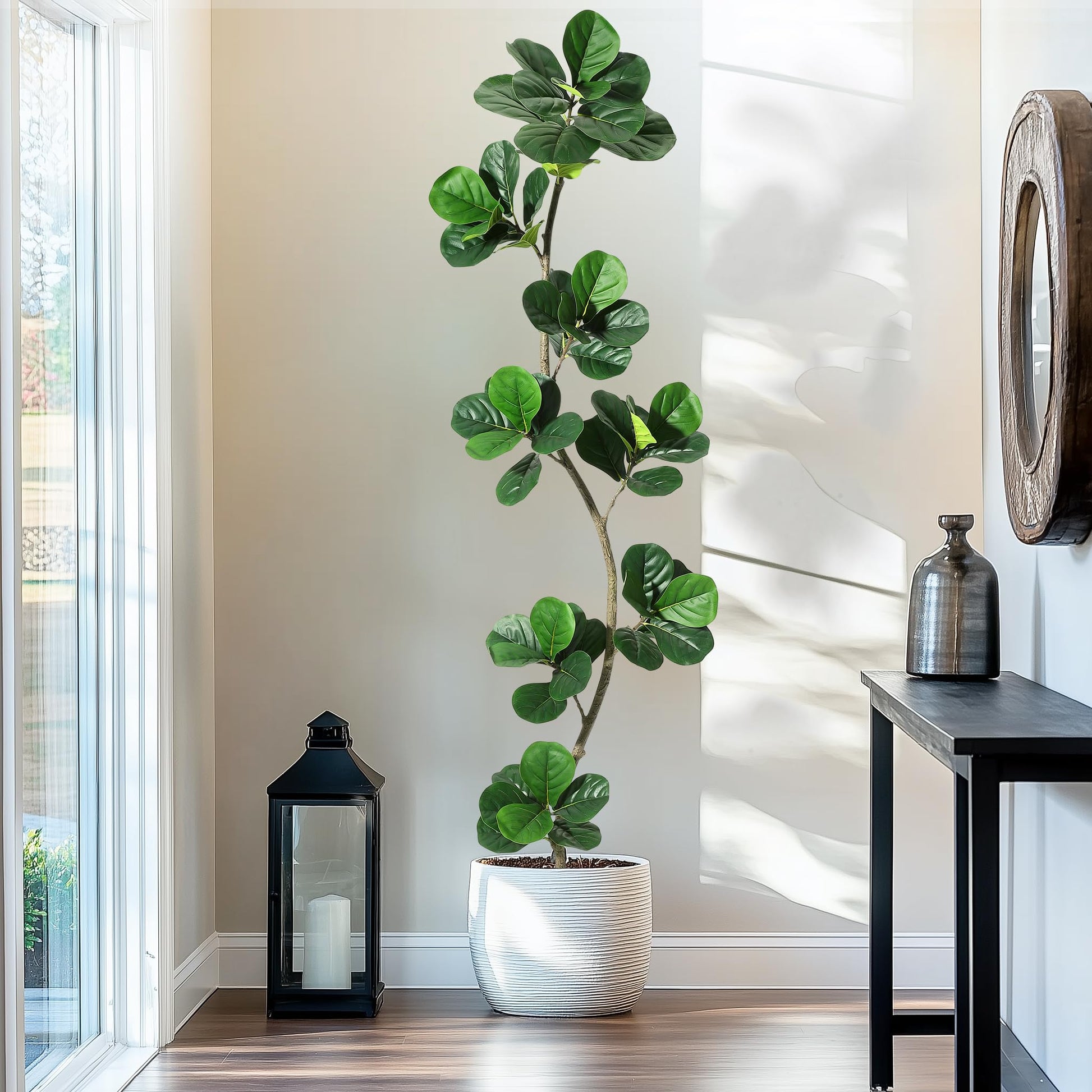 Albero di fico artificiale Garvee a forma di S, 7 piedi, con 59 foglie, rami flessibili, vaso nero per ufficio e soggiorno, durevole, verde realistico