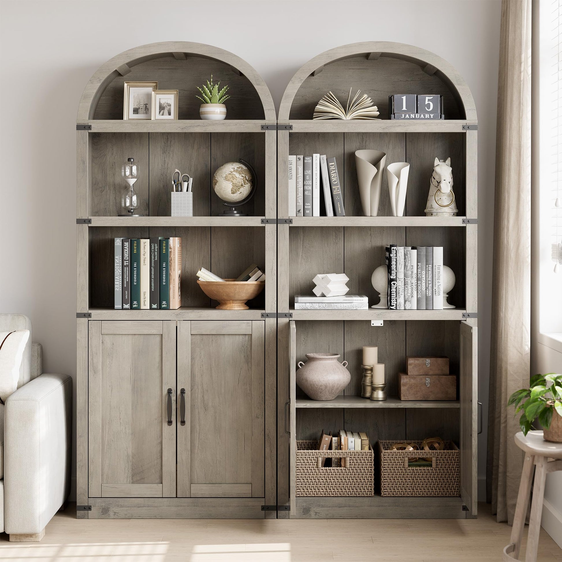 Libreria Garvee con ante, stile rustico, in legno MDF, protezioni angolari in metallo, per soggiorno e ufficio, altezza 71,65 pollici, colore naturale
