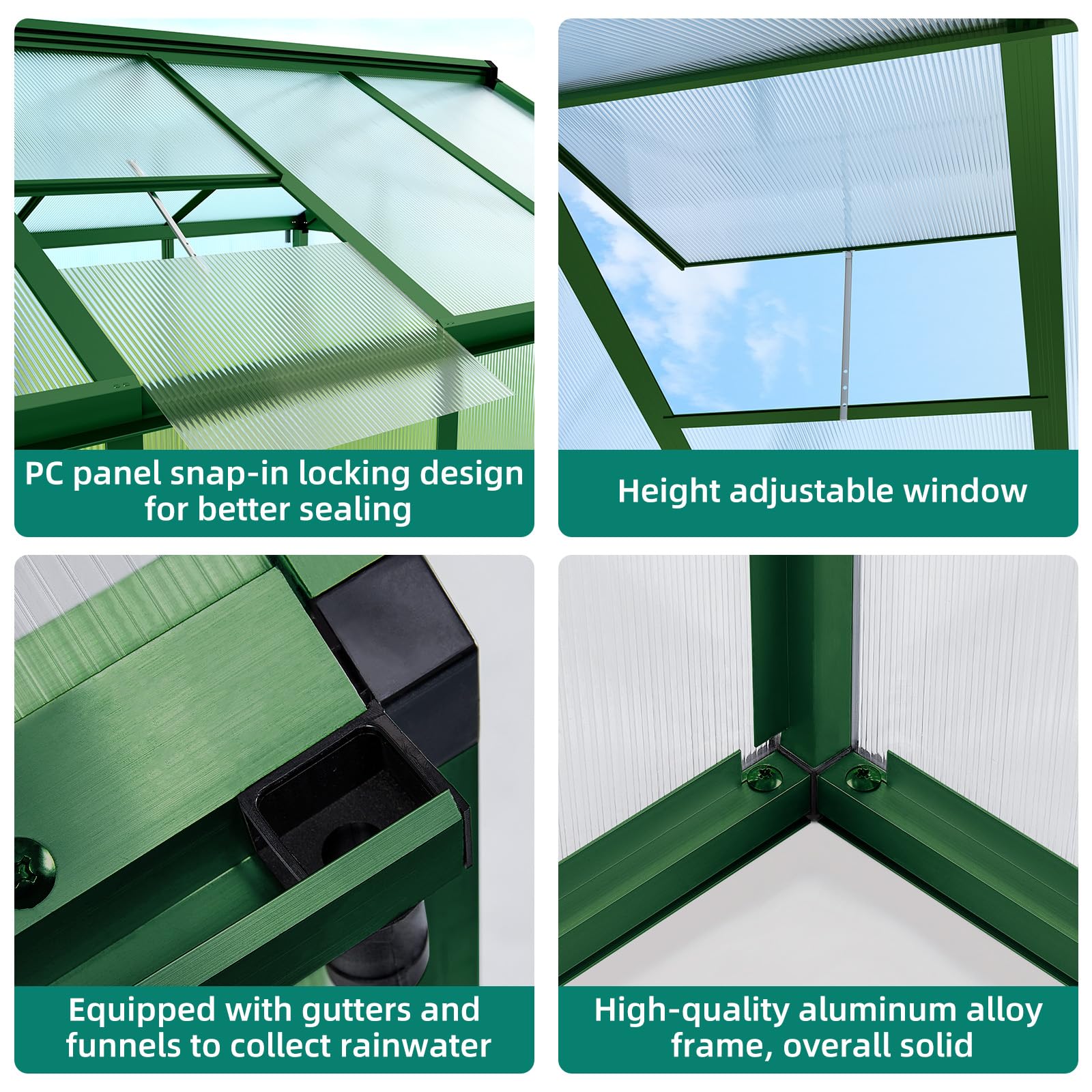 Serra in alluminio Garvee 6x8 piedi con policarbonato, ventilazione del tetto per giardino e patio, robusta, protezione UV, facile da montare, grigia