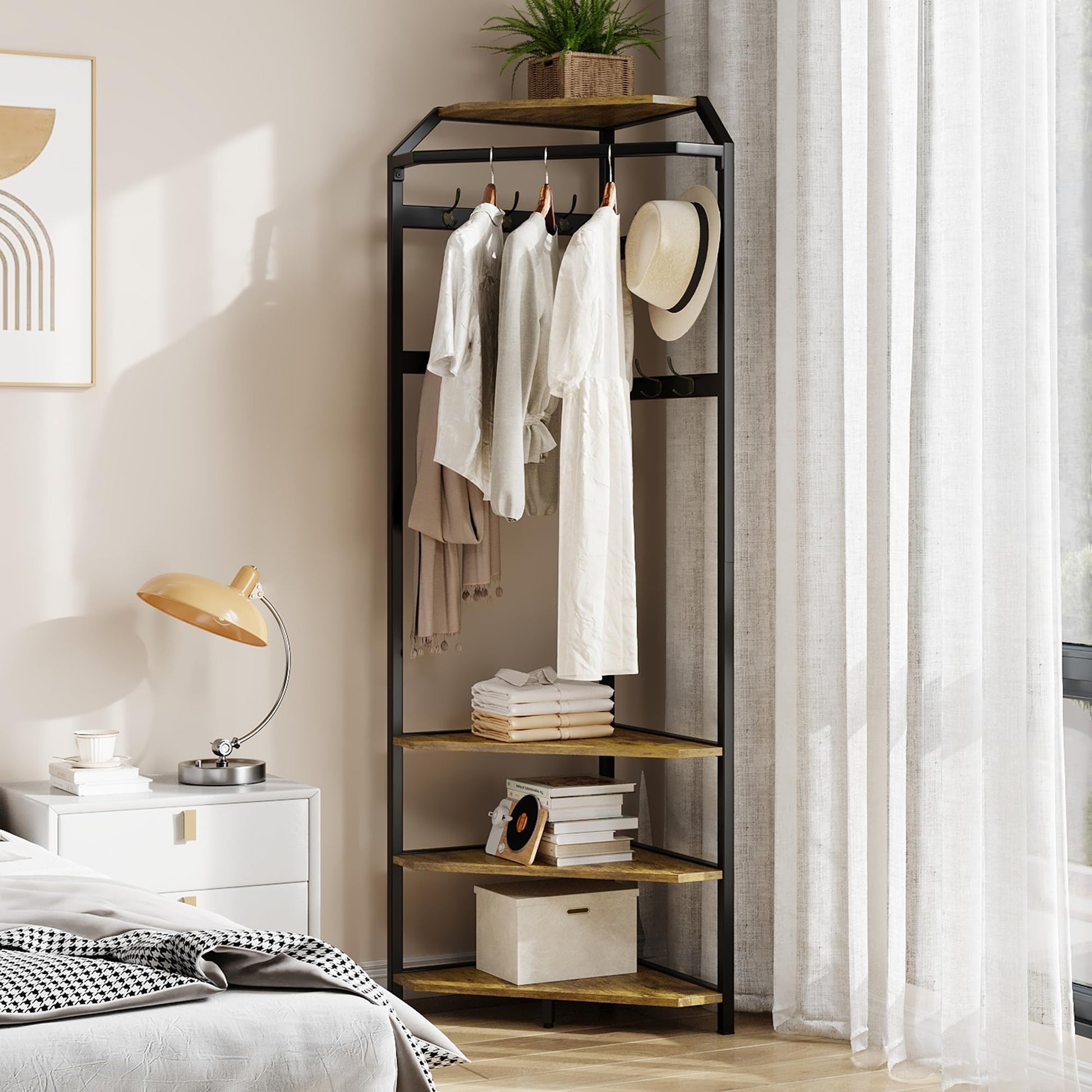 Armadio angolare Garvee con scarpiera e 6 ganci doppi, attaccapanni 3 in 1 per corridoio e ingresso, marrone rustico