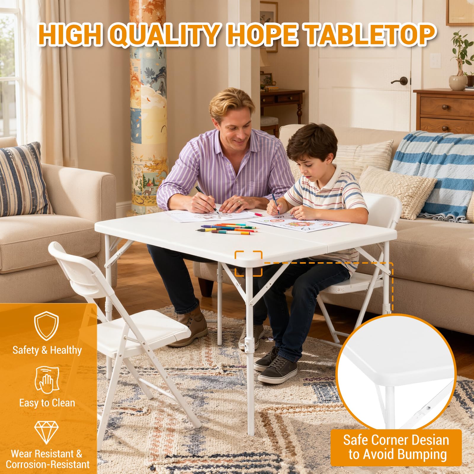 Tavolo quadrato pieghevole Garvee da 34" - Portatile, multifunzionale - Piano in plastica, struttura in metallo - Per campeggio, picnic, ufficio, feste - Bianco