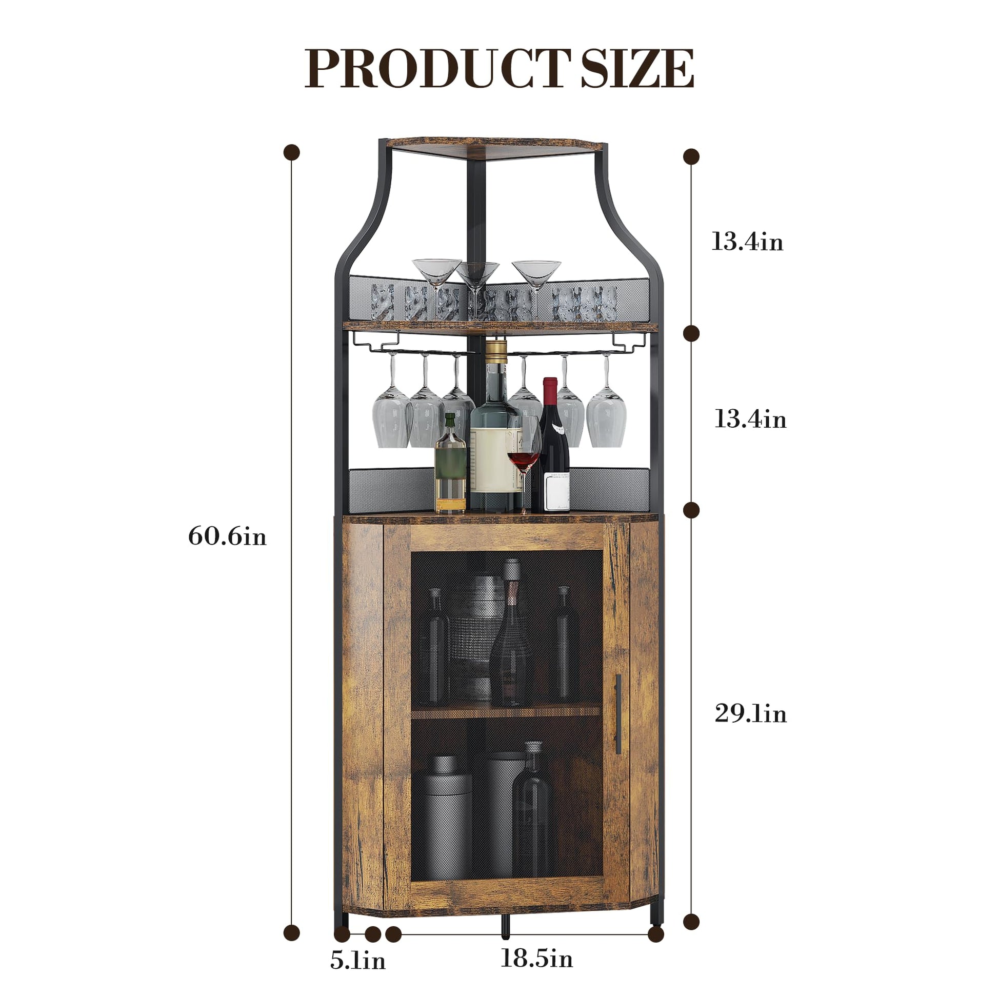 Mobile bar angolare Garvee per liquori con ripiani regolabili, 61 pollici, struttura in metallo, porta in rete, MDF, piedini antiscivolo, antiribaltamento, cucina e soggiorno