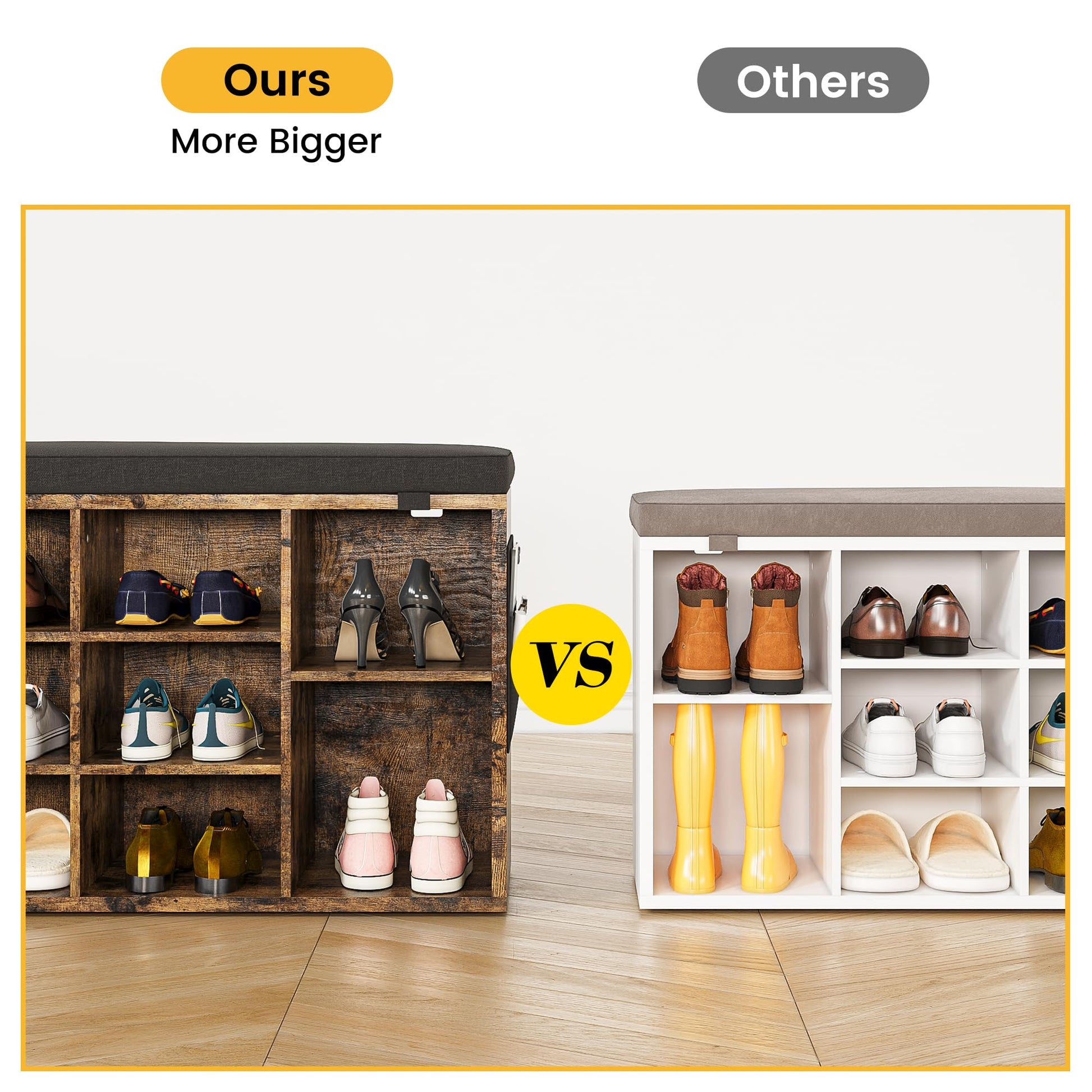 Scarpiera Garvee Bench con cuscino, 3 ripiani regolabili, 10 scomparti, legno robusto, rivestimento lavabile, marrone, 104 cm, per corridoio e camera da letto