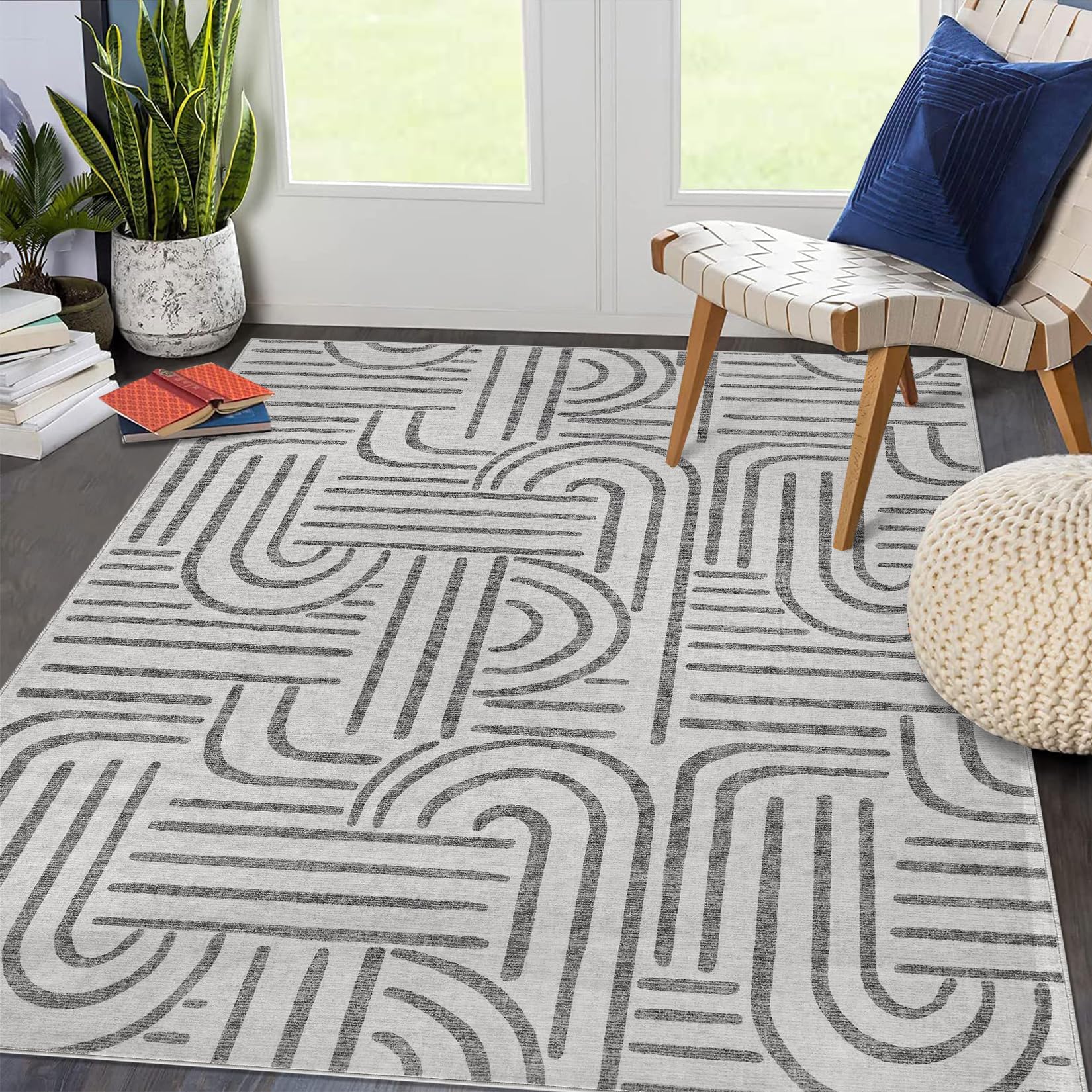 Tappeto Garvee lavabile a pelo corto 120x170cm grigio per soggiorno, camera da letto, cameretta dei bambini, antiscivolo, facile da pulire