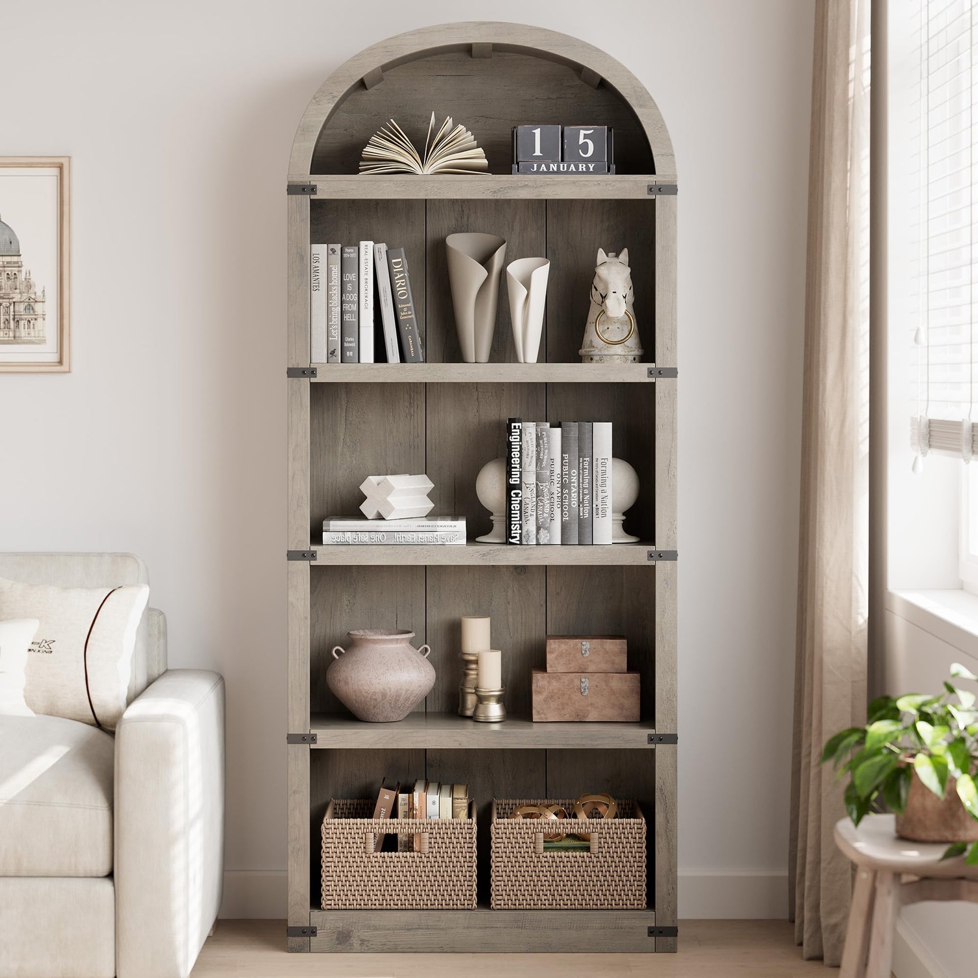 Libreria Garvee con 5 ripiani, stile fattoria ad arco, in legno con protezioni angolari in metallo per soggiorno e ufficio, 71,65" x 29,92" x 11,88" in legno naturale
