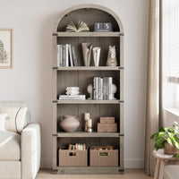 Libreria Garvee con 5 ripiani, stile fattoria ad arco, in legno con protezioni angolari in metallo per soggiorno e ufficio, 71,65" x 29,92" x 11,88" in legno naturale