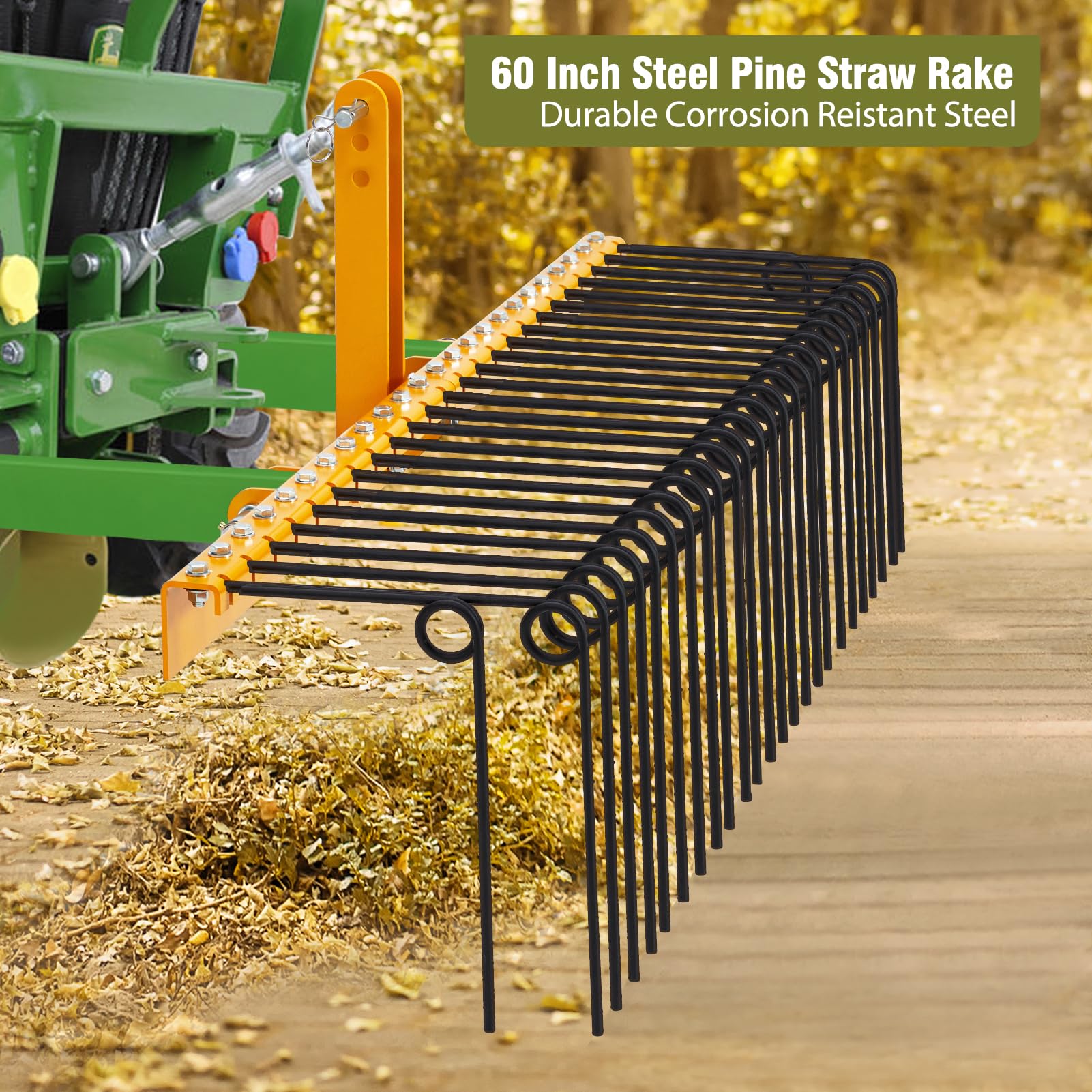 Garvee Rastrello Paesaggistico Heavy Duty 60" con 26 Denti a Molla in Acciaio Verniciato Giallo, Attacco a 3 Punti, Pulizia Giardini e Prati, Universale