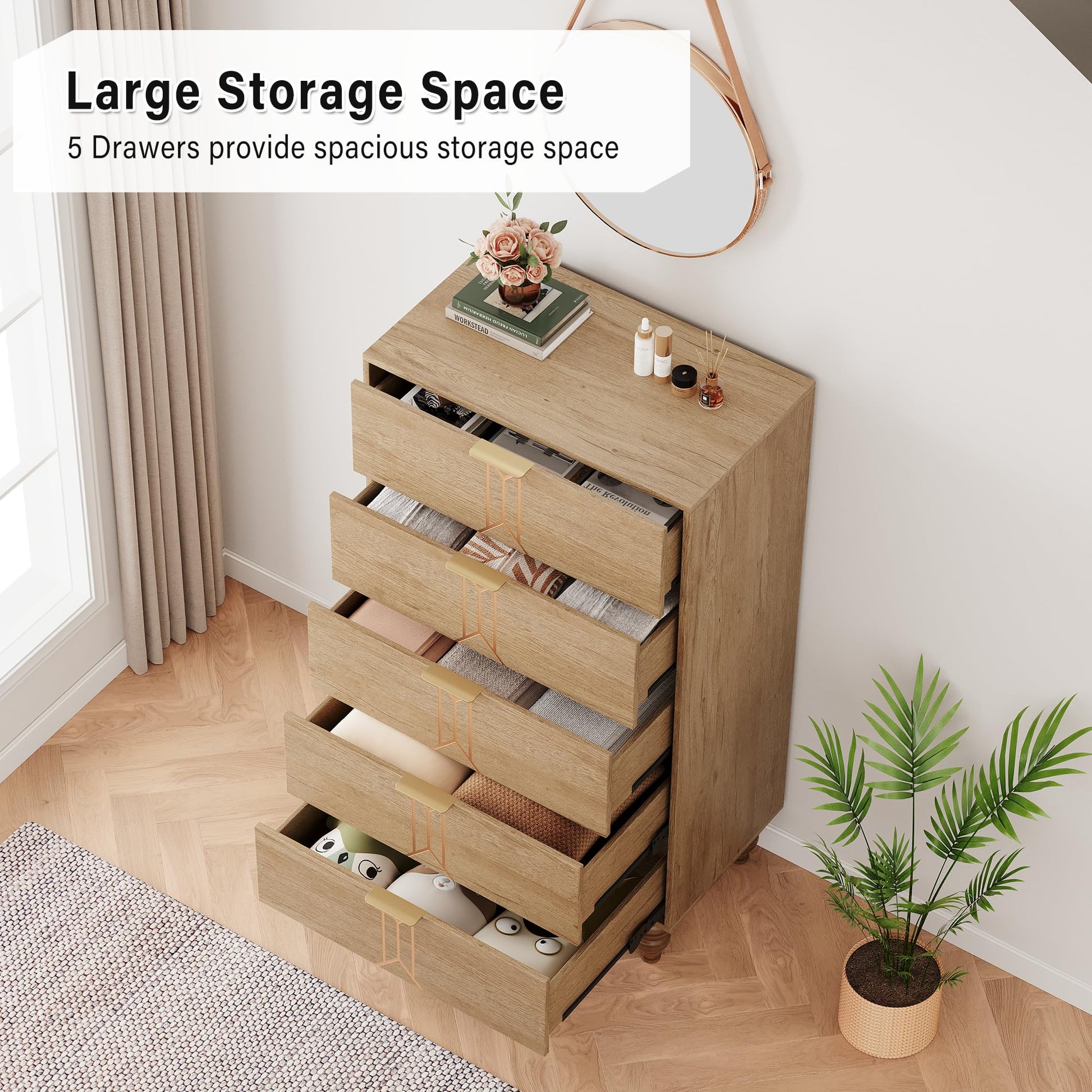 Cassettiera Garvee a 5 cassetti con motivo vintage, in legno MDF, maniglie dorate per camera da letto e soggiorno, grande, resistente