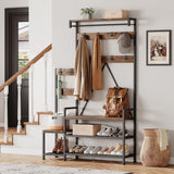 Appendiabiti Garvee con scarpiera e contenitore, robusta struttura in metallo, 8 ganci e ripiano, MDF, rustico, piedini regolabili, corridoio e soggiorno