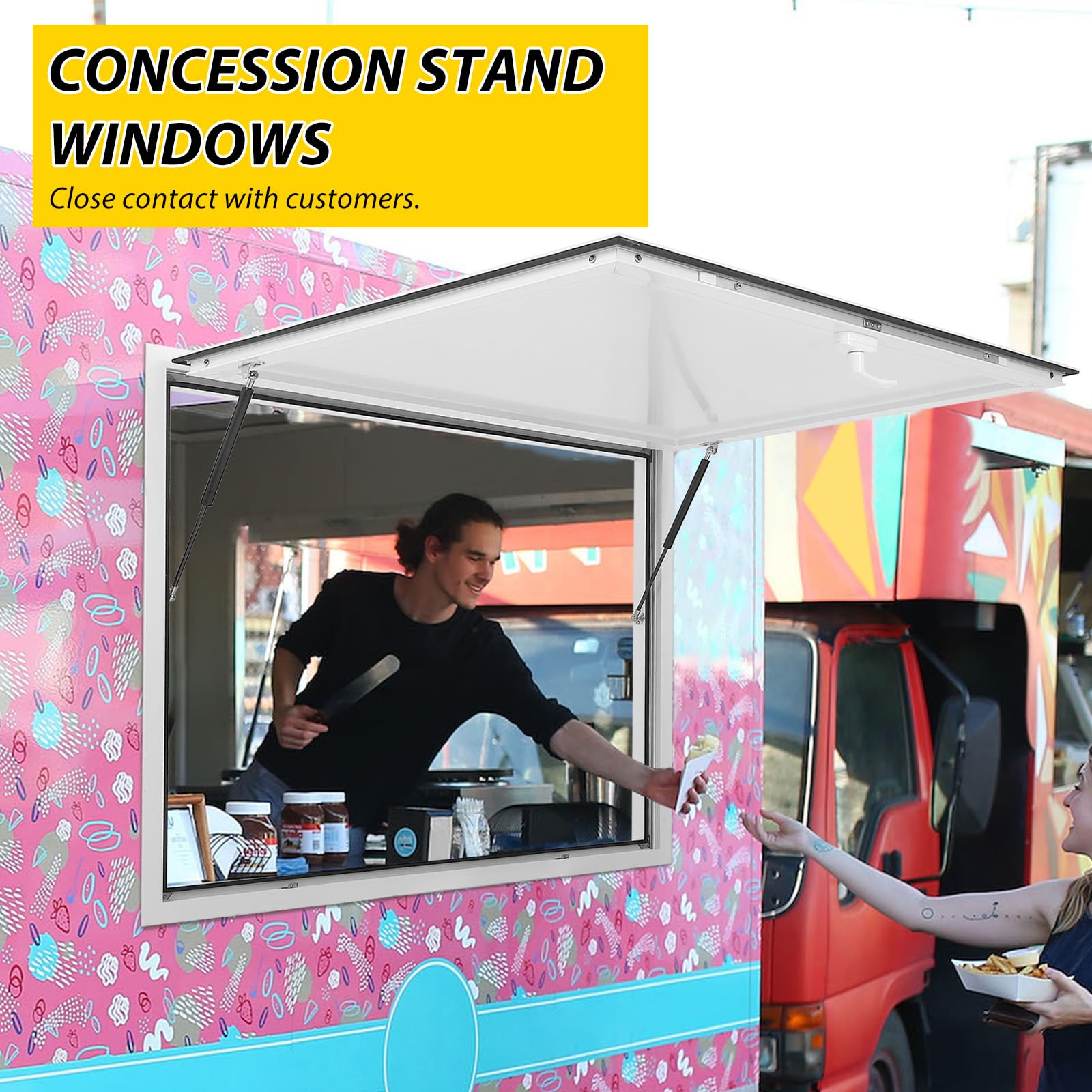 Finestra per concessioni Garvey con tenda da sole, telaio in alluminio, doppia chiusura a forcella, aste di sollevamento idrauliche, resistente alle intemperie, finestra per food truck, 48"x36"