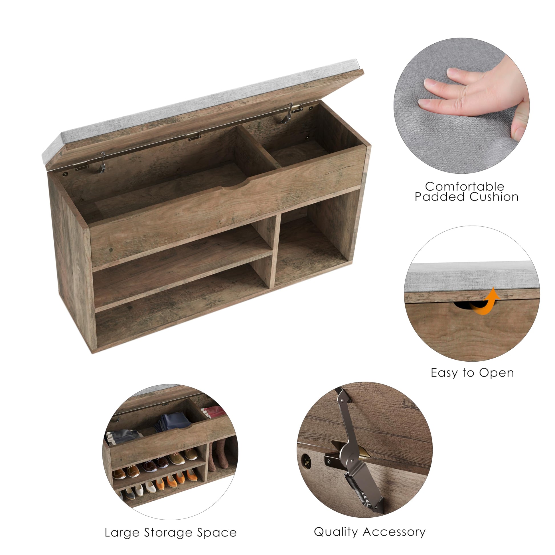 Panca Garvee con scarpiera e contenitore, in legno, seduta imbottita, 2 ripiani, piano sollevabile, grigio-marrone per corridoio e camera da letto, 39,3"L x 11,8"W x 22,4"H