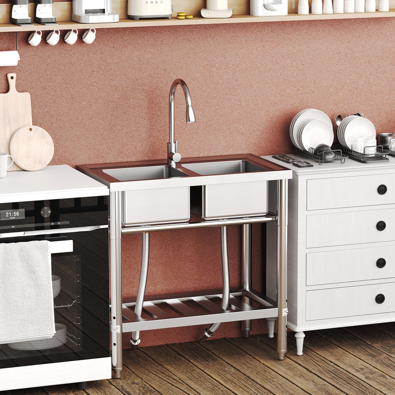 Lavello doppio in acciaio inossidabile Garvee da 33 pollici per garage e giardino, rubinetti per acqua calda e fredda, argento antiruggine, indipendente