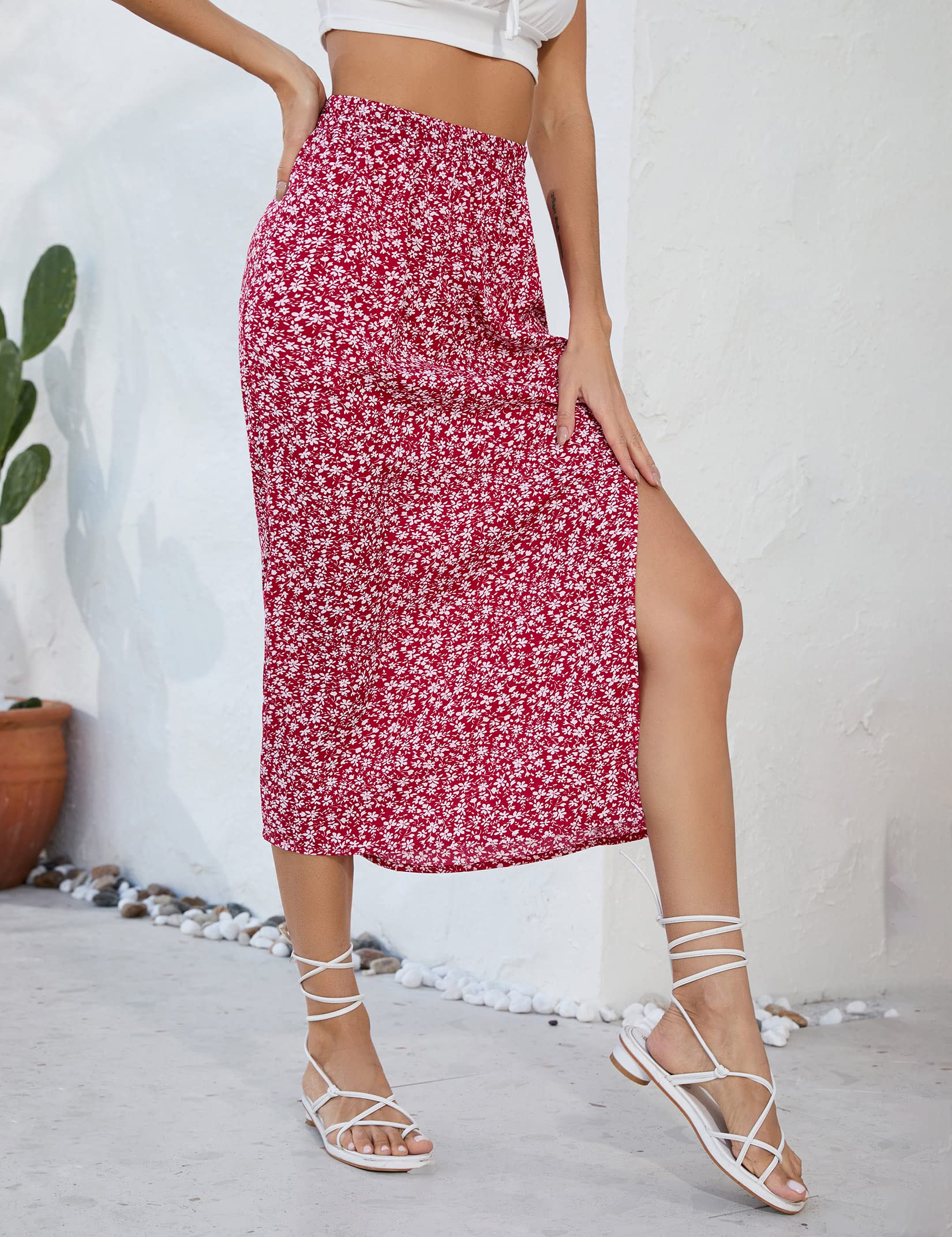 Garvee Gonna Donna A-Line con Spacco Floreale Boho Midi Alta Vita Stampata Casual Spiaggia Festa Lavoro Rosso A-Blumen L