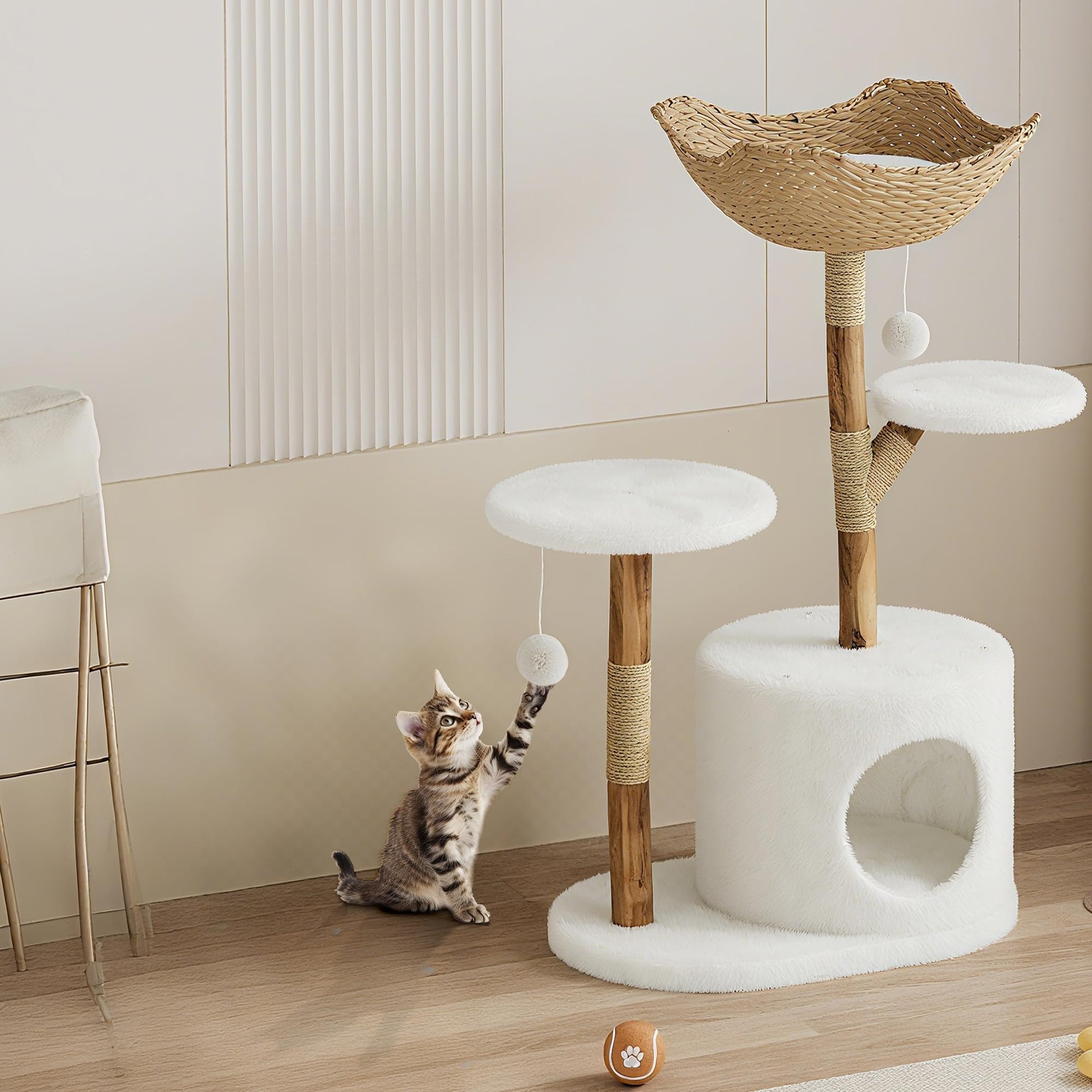 Tiragraffi in legno naturale Garvee da 43'' con cesto in rattan per soggiorno, stabile per gatti di grandi dimensioni, design moderno, morbido peluche