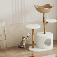 Tiragraffi in legno naturale Garvee da 43'' con cesto in rattan per soggiorno, stabile per gatti di grandi dimensioni, design moderno, morbido peluche