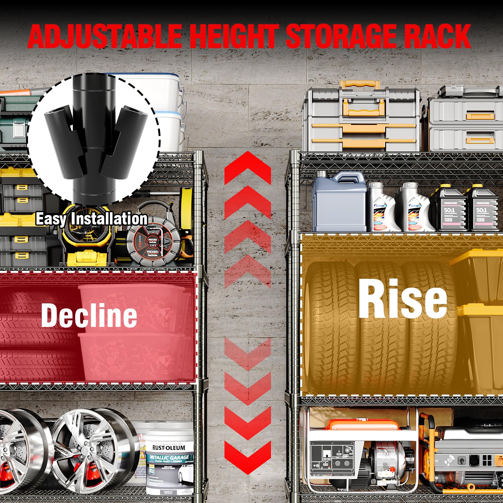 Scaffalatura per carichi pesanti Garvee da 71" di altezza con capacità di 2640 libbre, 4 ripiani, acciaio, ruote e piedini per garage e magazzino, 59" di larghezza x 17,7" di profondità, grigio
