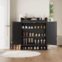 Scarpiera in rattan Garvee con 2 ante, ripiani regolabili, 5 ripiani, legno MDF, nero, per corridoio e soggiorno