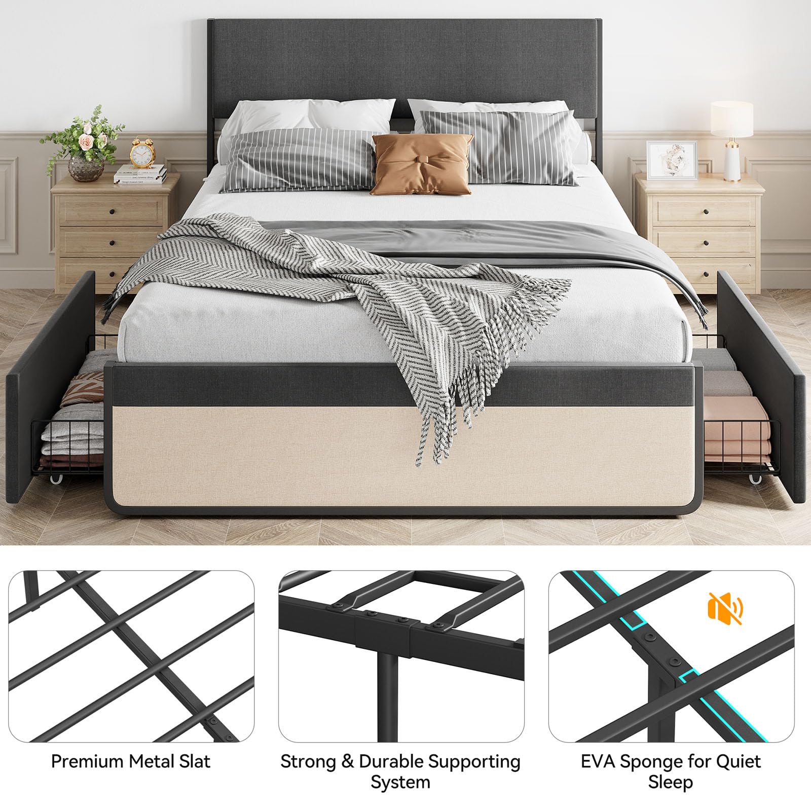 Letto matrimoniale Garvee con testiera, 2 cassetti, doghe in metallo, silenzioso, tessuto in lino grigio, camera da letto