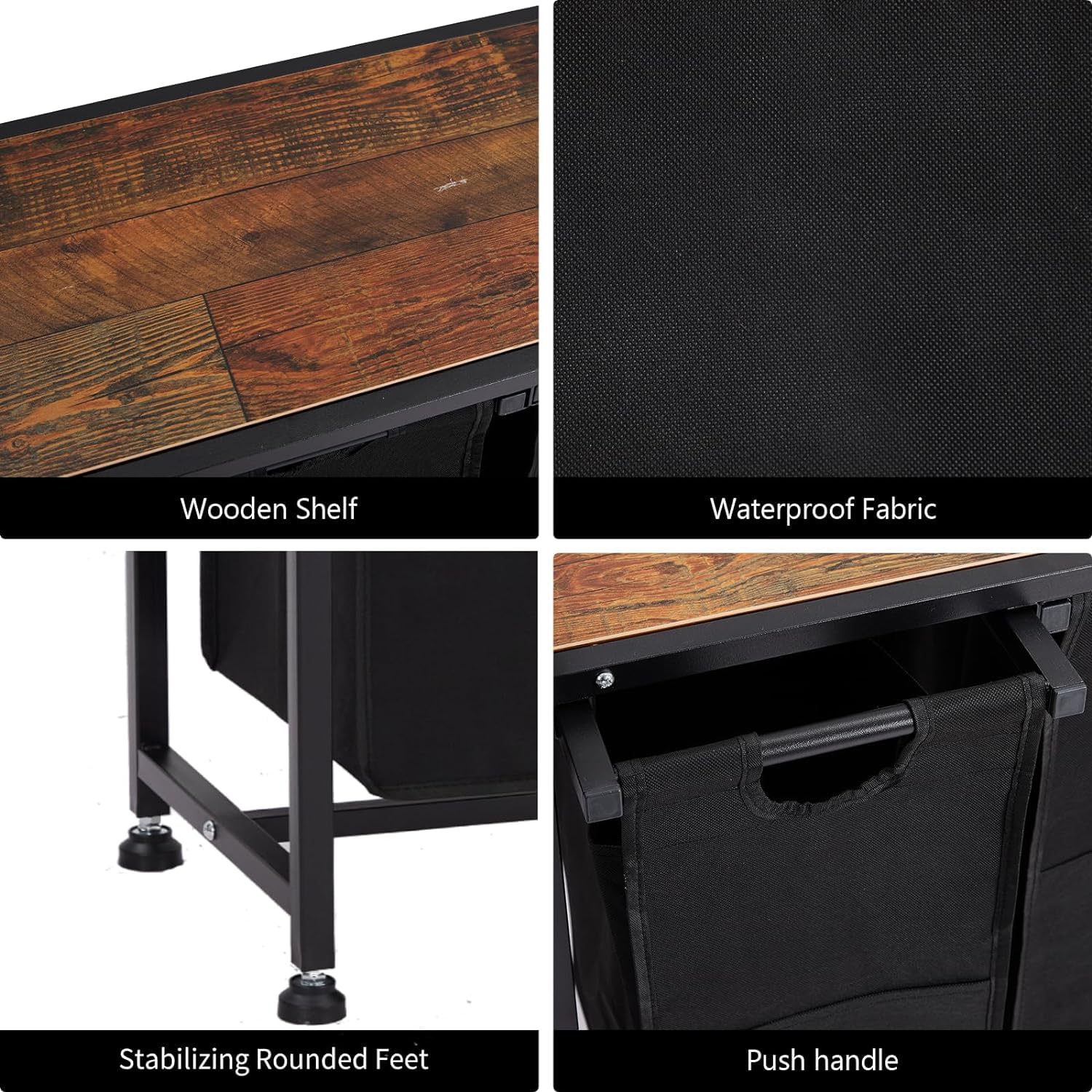 Garvee Cesto portabiancheria con 3 tasche rimovibili, contenitore per bagno e camera da letto, 130 l, tessuto Oxford e metallo in legno