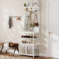 Armadio a muro Garvee Hall Tree con ante, bianco, 72,8 pollici - 7 ganci e scarpiera per corridoio, camera da letto, ingresso - MDF e metallo - Piedini antiribaltamento e regolabili