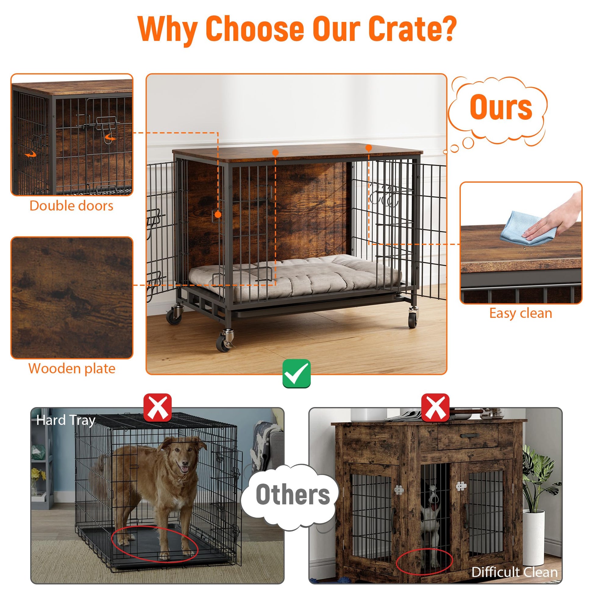 Garvee Dog Crate Furniture 32,5" Modern Double Door Estraibile Vassoio Ruote in Legno Soggiorno per Cani di Taglia Media