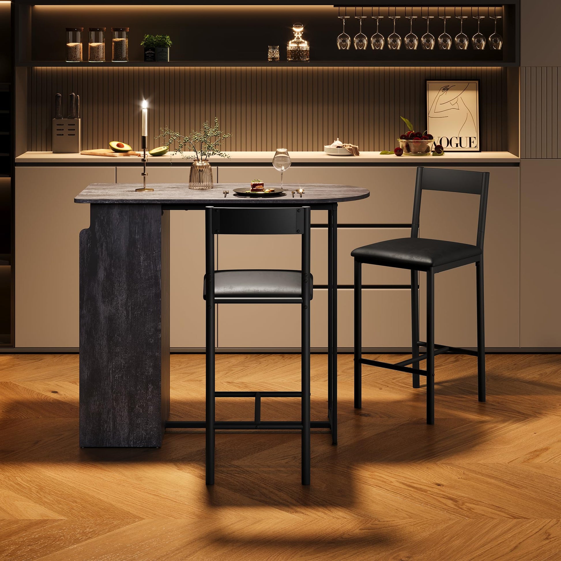 Set tavolo e sedie da bar Garvee con piano semicircolare in stile retrò, 3 ripiani, sgabelli rivestiti in pelle per cucina e ufficio, moderno, salvaspazio