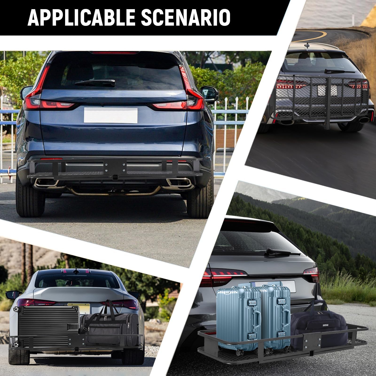 Cestino pieghevole in acciaio per rimorchio Garvee 60" x 20" x 5", resistente alla ruggine, per auto e campeggio, gancio di traino da 2", nero