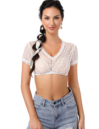 Camicetta Dirndl Garvee da donna, pizzo bianco, scollo a V, manica corta, per l'Oktoberfest, bianca - B 34