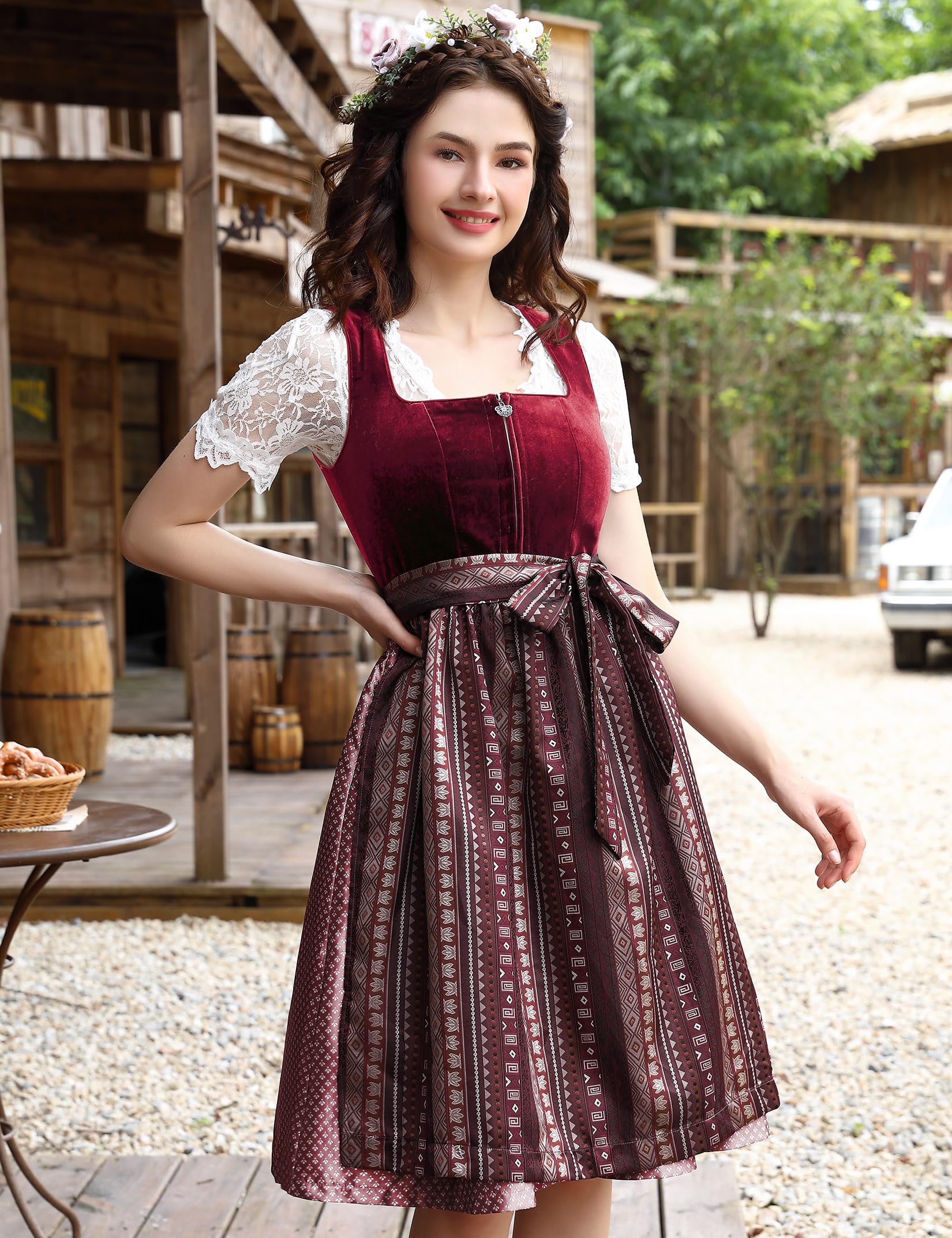 Garvee Velvet Dirndl Set 3 pezzi per donna Oktoberfest Abito tradizionale Gonna midi Nero Taglia 38