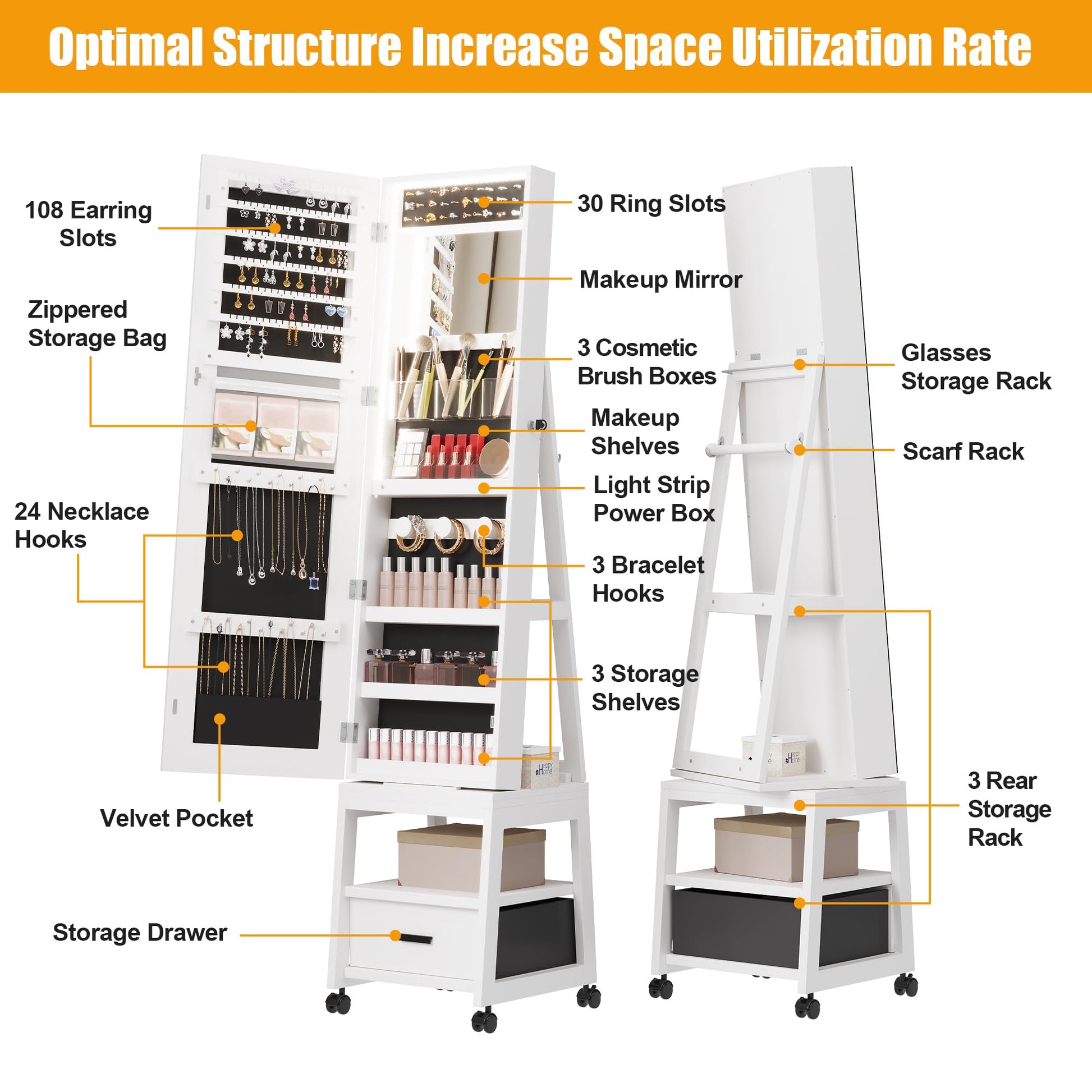 Mobiletto portagioie girevole a 360° Garvee con luci a LED, specchio per il trucco, specchio intero, rivestimento in velluto, bloccabile, con ruote, bianco - Ideale per camere da letto