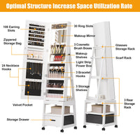 Mobiletto portagioie girevole a 360° Garvee con luci a LED, specchio per il trucco, specchio intero, rivestimento in velluto, bloccabile, con ruote, bianco - Ideale per camere da letto