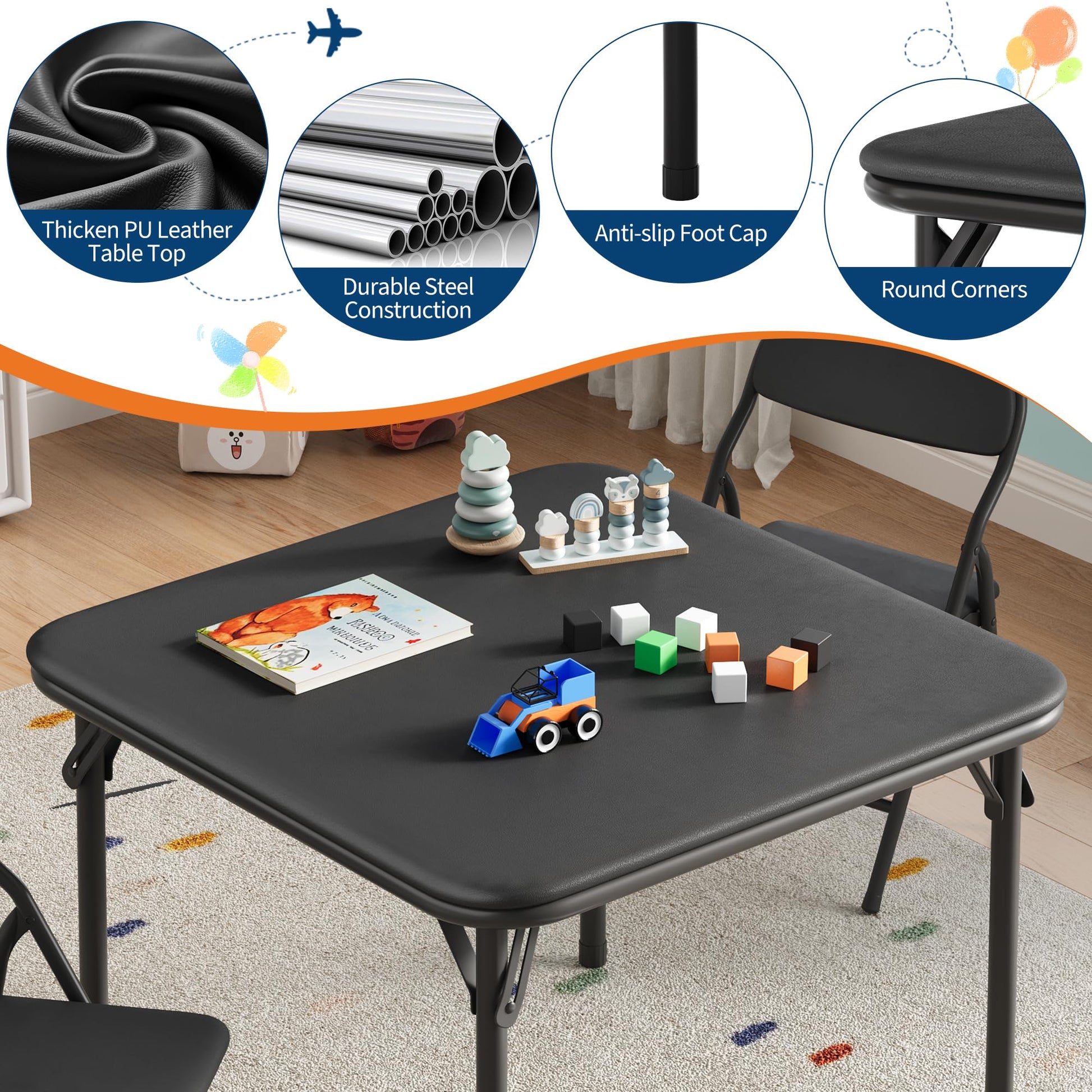 Set tavolo e sedie pieghevoli per bambini Garvee da 3 pezzi, pieghevoli con similpelle, per sala giochi e uso esterno, leggeri e sicuri