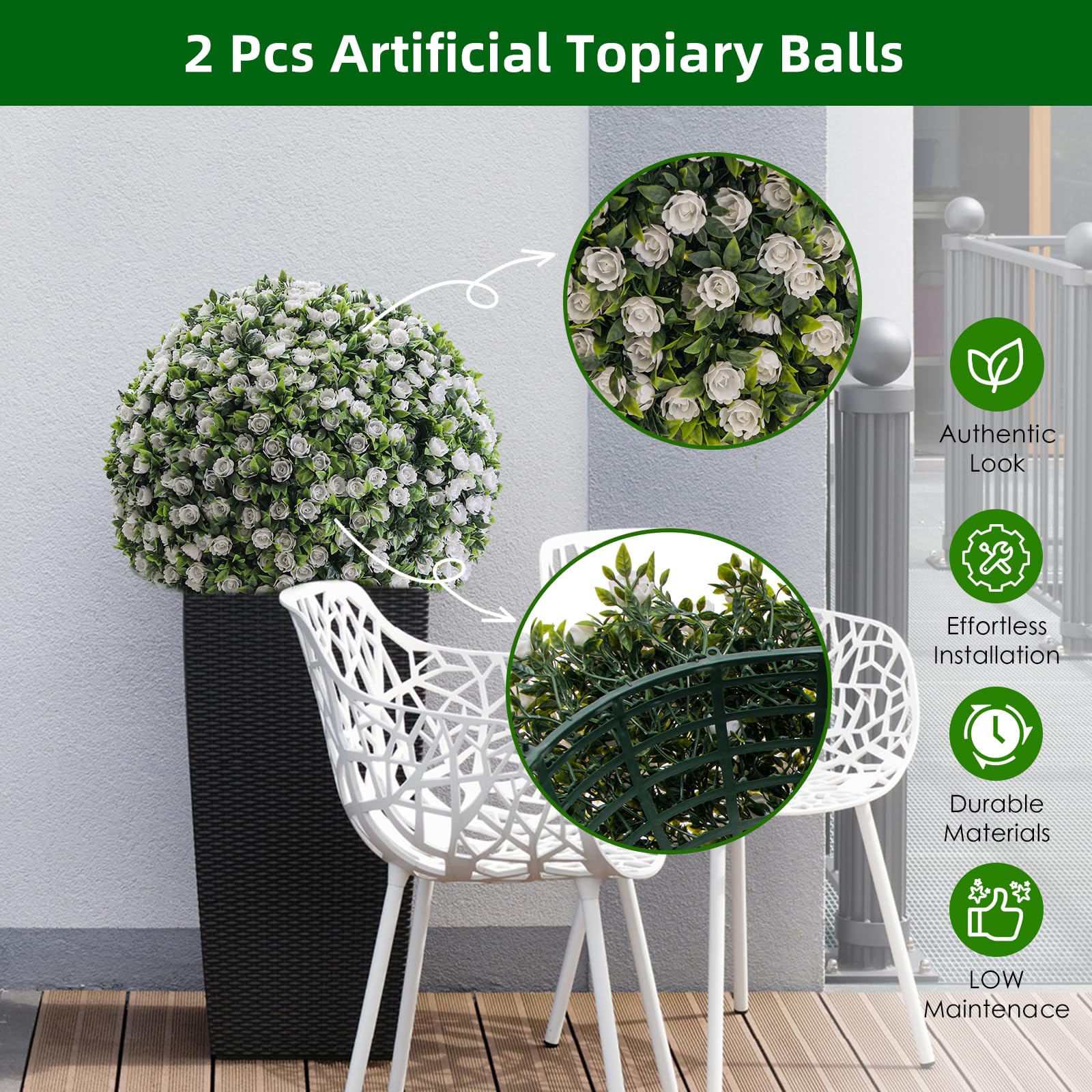Garvee, palline di fiori artificiali da 17 pollici, set da 2, resistenti alle intemperie, facili da pulire, materiale PE, per giardino e matrimonio, verde