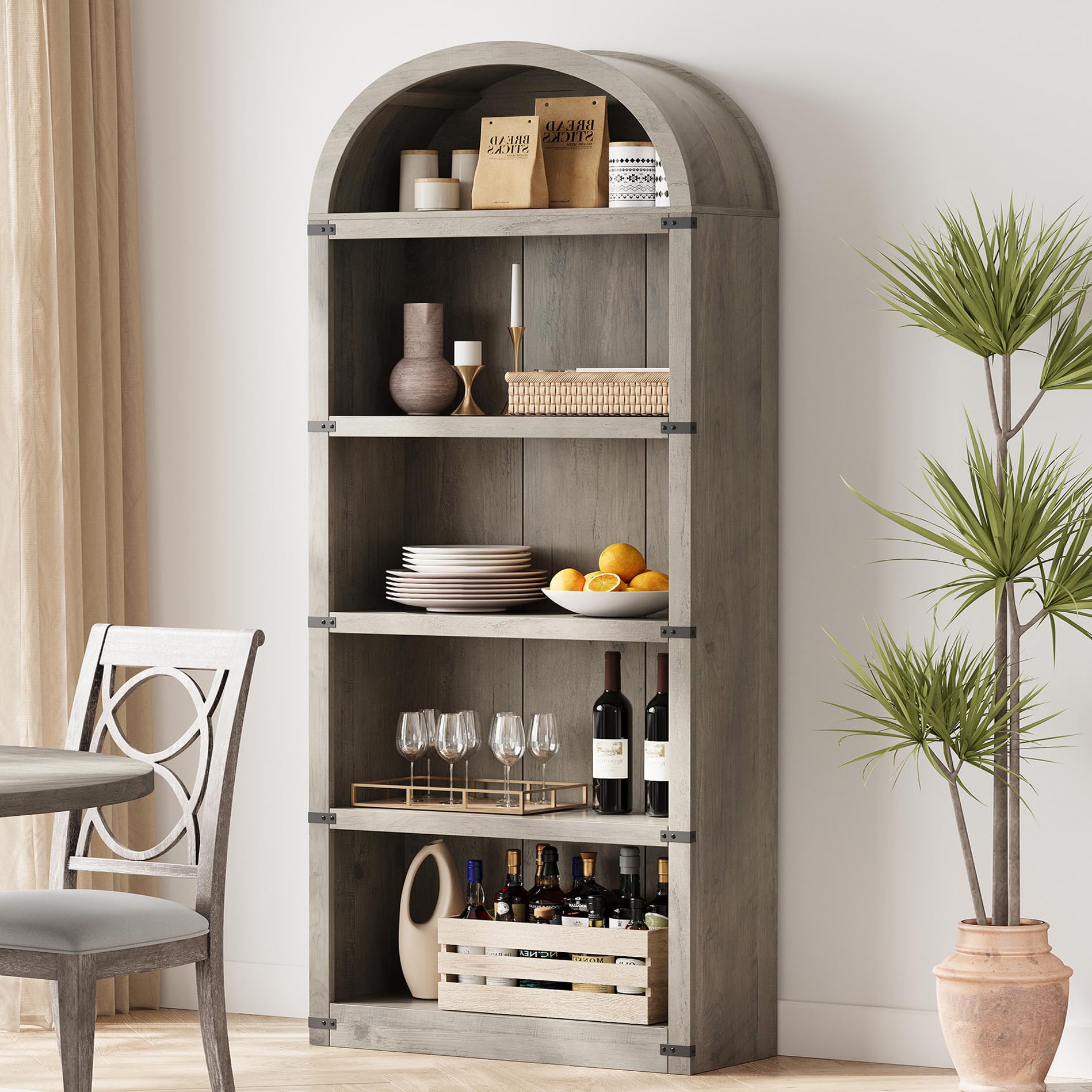 Libreria Garvee con 5 ripiani, stile fattoria ad arco, in legno con protezioni angolari in metallo per soggiorno e ufficio, 71,65" x 29,92" x 11,88" in legno naturale