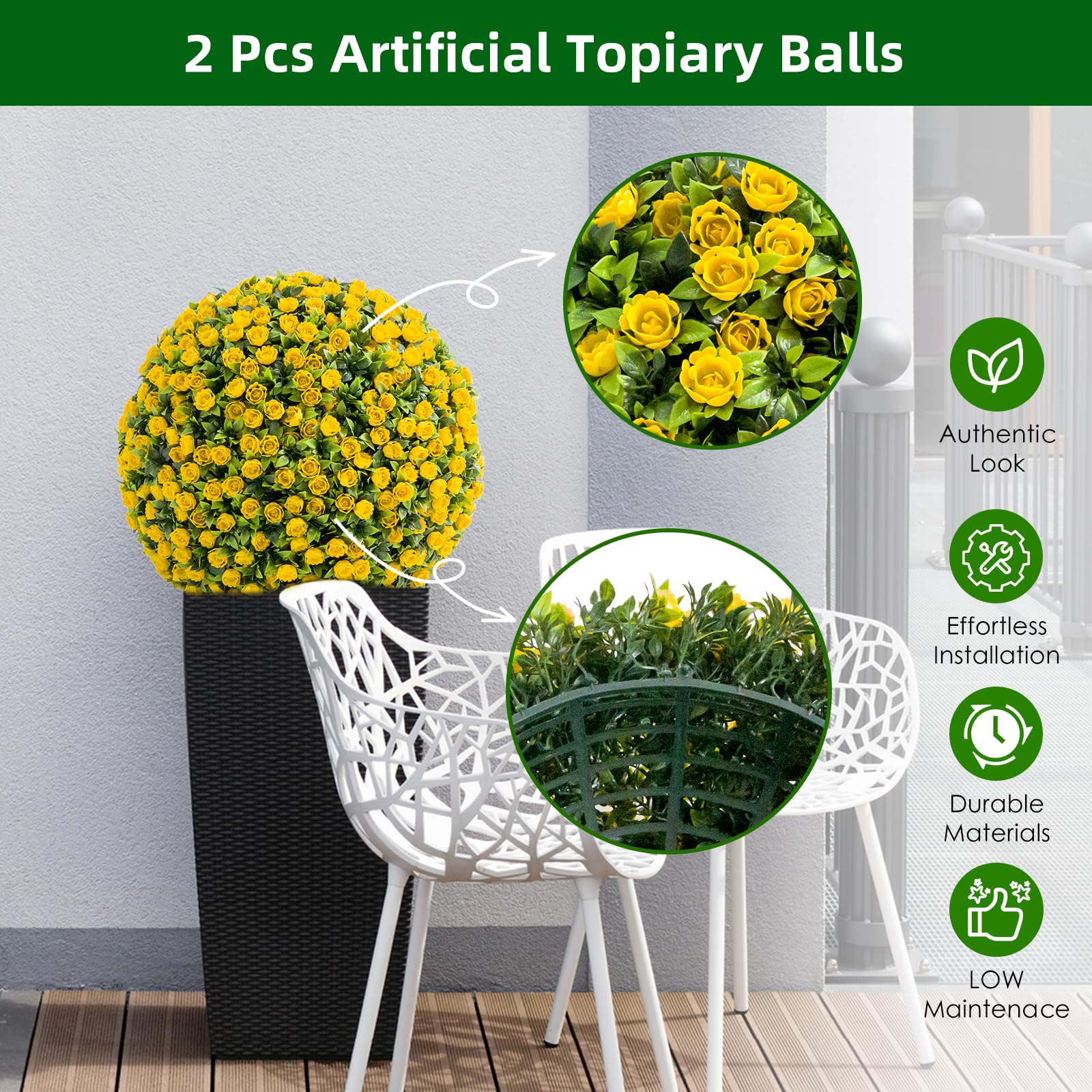 Garvee Set di 2 palline di bosso artificiali, 45 cm, resistenti alle intemperie e facili da pulire, gialle, per uso interno ed esterno, matrimoni e giardino