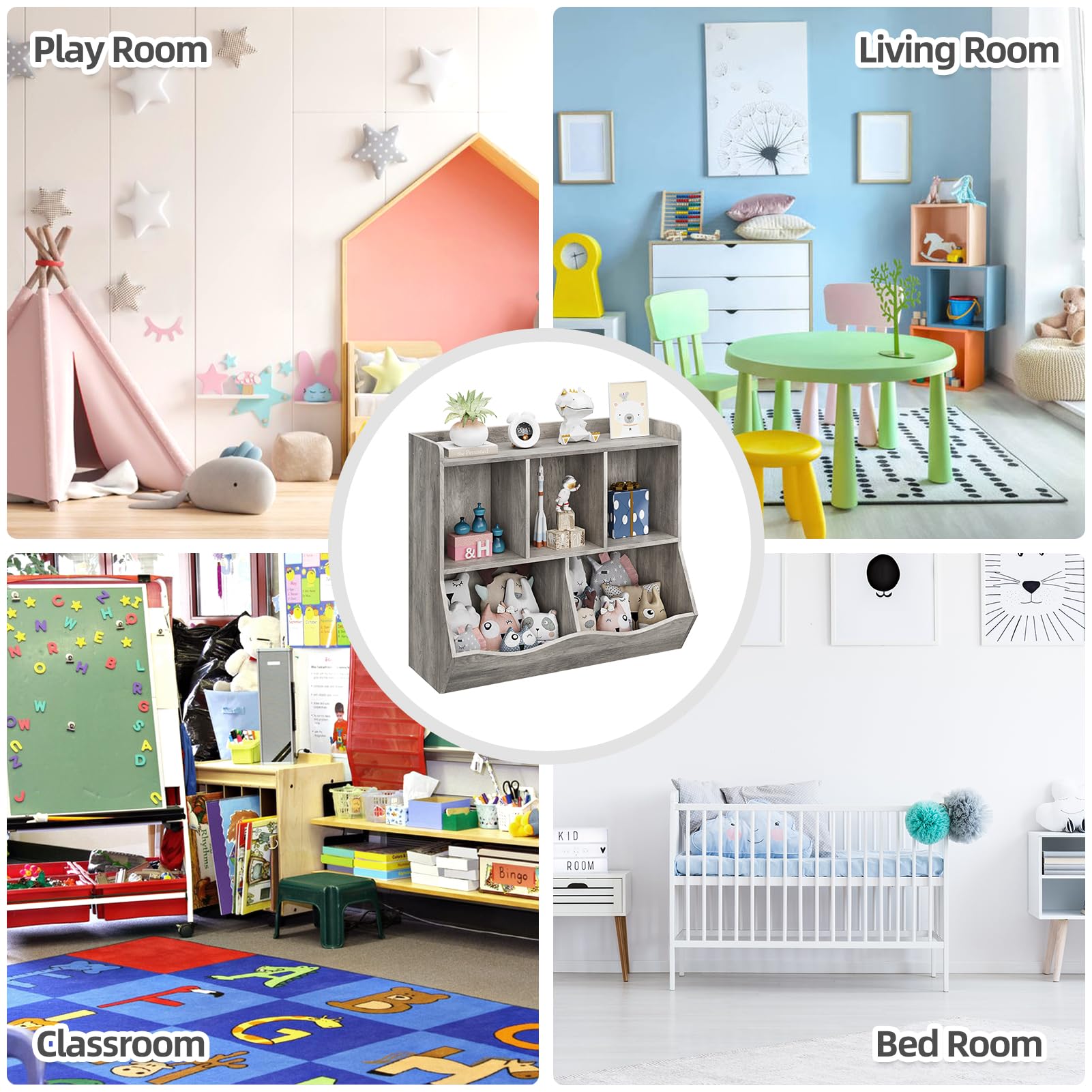 Libreria e organizer per giocattoli Garvee con 3 scomparti, 2 contenitori basculanti, a prova di bambino per la cameretta dei bambini, 91,4 cm di lunghezza x 29,2 cm di larghezza x 80 cm di altezza, bianco robusto