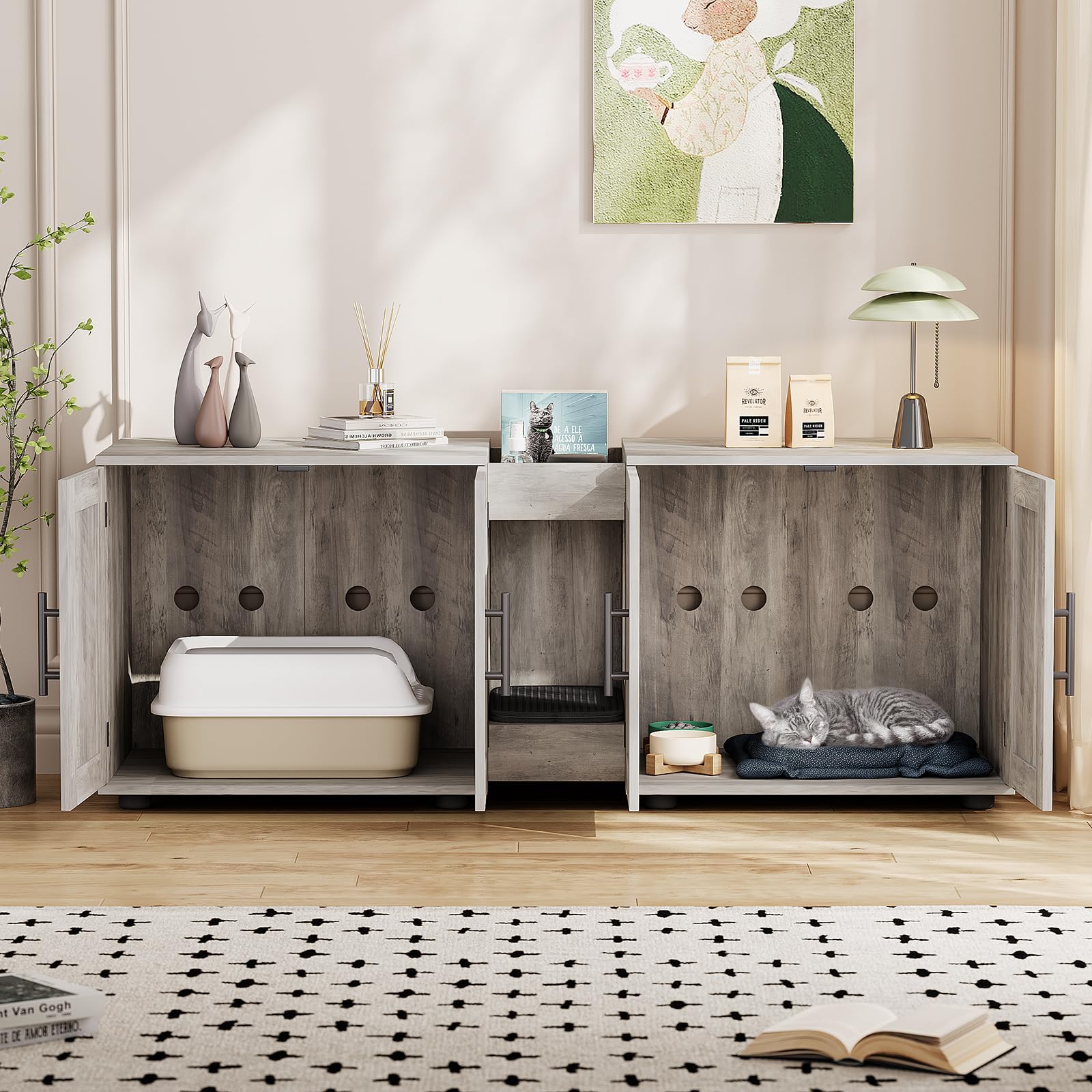 Lettiera per gatti Garvee per 2 gatti, doppia camera con tappetino tiragraffi, impermeabile, grigia, soggiorno, 55 pollici