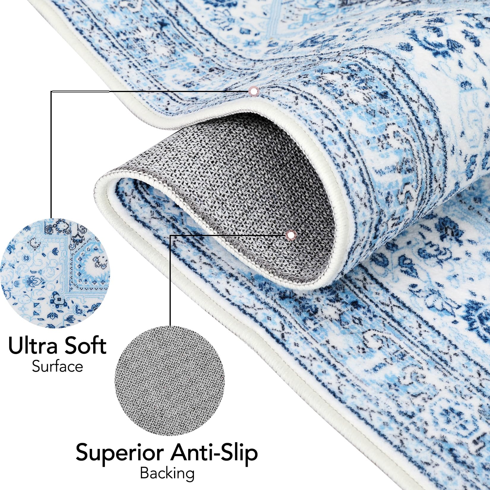 Tappeto Garvee 160 x 230 cm, tappeto vintage per interni, tappeto multi-pieghevole in ciniglia, tappeto decorativo leggero in blu