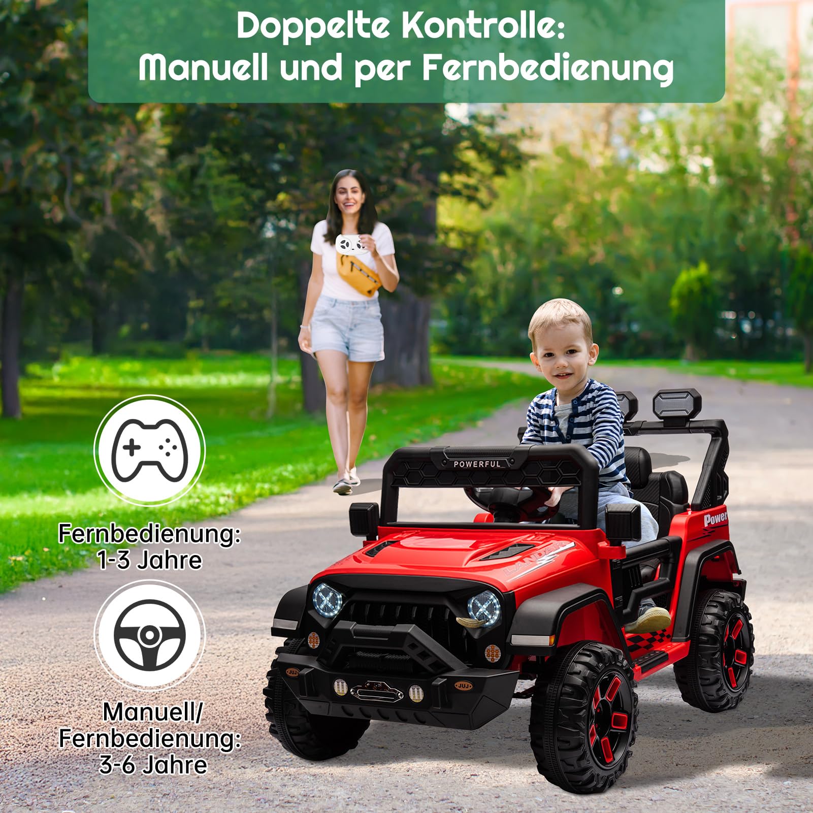 Auto elettrica per bambini GARVEE 12V con telecomando, luci a LED, Bluetooth, cinture di sicurezza, pneumatici antiscivolo, rossa, per bambini dai 3 anni in su