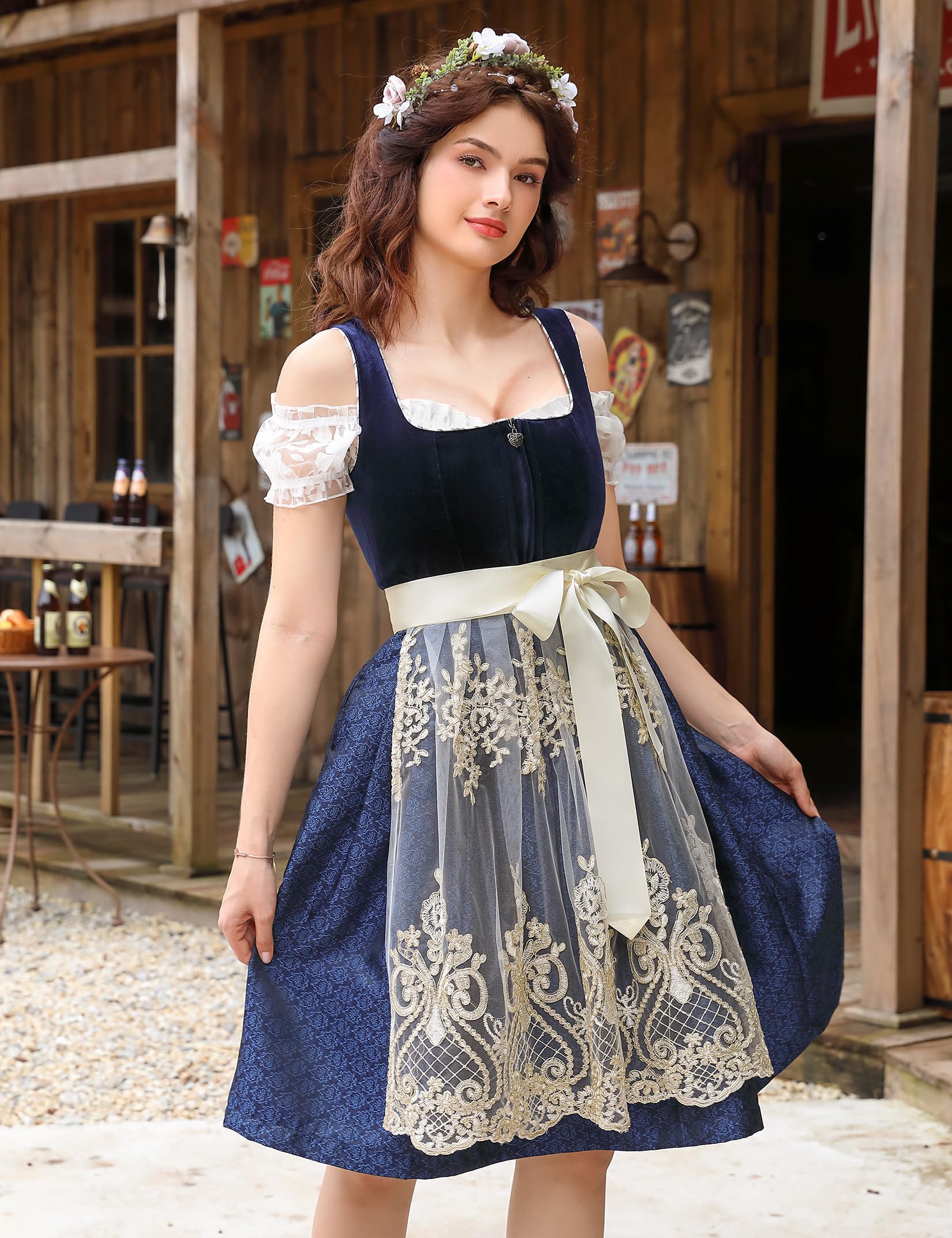 Abito Dirndl Garvee, 3 pezzi, da donna, con grembiule in pizzo, per l'Oktoberfest, abito midi, blu, taglia 38